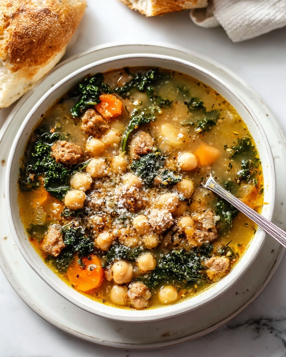 A white bowl filled with creamy soup showing three main layers: a pale yellow creamy broth as the base, soft cooked carrots cut into small rounds layered throughout, and chunks of browned meat mixed with bright green leafy spinach and whole pale beige chickpeas spread evenly on top. The bowl rests on a white marbled surface, partly covered by a black and white checkered cloth, with a few golden triangular crackers tucked under one side of the bowl and a silver spoon resting inside the soup on the right side. A plate of fresh green spinach leaves is placed nearby at the bottom left corner. Photo taken with an iphone --ar 4:5 --v 7
