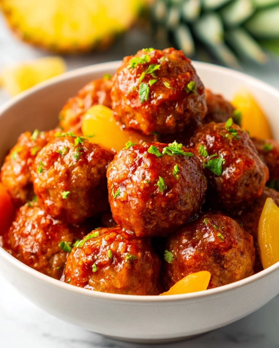 A white bowl with a blue leaf pattern holds several golden brown meatballs mixed with chunks of orange-colored potatoes, all coated in a shiny sauce with a slightly sticky texture. The meatballs and potatoes are piled high, with some sauce glistening on their surfaces, showing hints of extra seasoning like small bits of herbs. The bowl rests on a white marbled surface, next to an appliance in the background. photo taken with an iphone --ar 4:5 --v 7