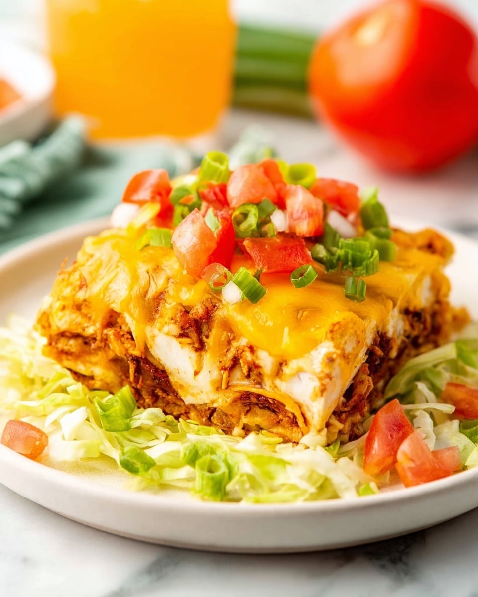 A close-up view shows a chunky scoop of cheesy taco casserole lifted above a white marbled surface. The scoop has 3 main layers: the bottom has a mix of cooked ground meat and beans with a dark brown color and crumbly texture; the middle layer is soft and yellow, made of cheesy cooked corn or tortillas; the top layer is covered with melted orange-yellow cheese with browned spots and small green bits of chopped herbs scattered on top. The casserole in the background has the same melted cheese and herbs, resting on a white marbled surface. A woman's hand holds a metal spatula lifting the scoop. Photo taken with an iphone --ar 4:5 --v 7