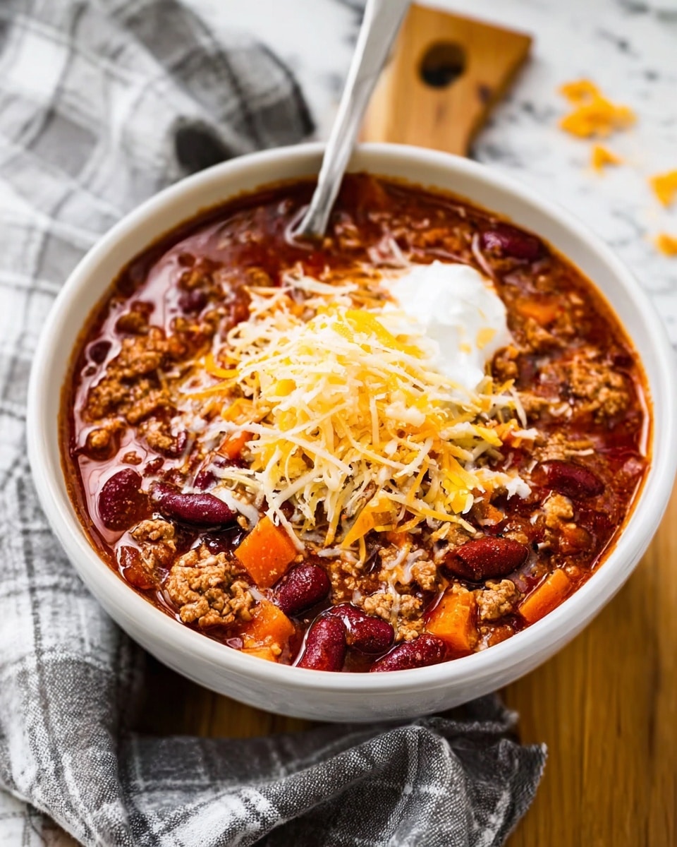 A white bowl filled with a colorful chili dish showing at least five layers: a base of dark red kidney beans and black beans mixed with orange and red bell pepper pieces, topped with bright yellow triangular corn chips partially submerged, a middle layer of rich, thick, reddish-brown chili sauce, a small dollop of white sour cream at the center, and finely chopped bright green cilantro sprinkled over the top. The bowl sits on a dark wooden table, surrounded by a halved avocado with seed and fresh cilantro sprigs. Photo taken with an iphone --ar 4:5 --v 7