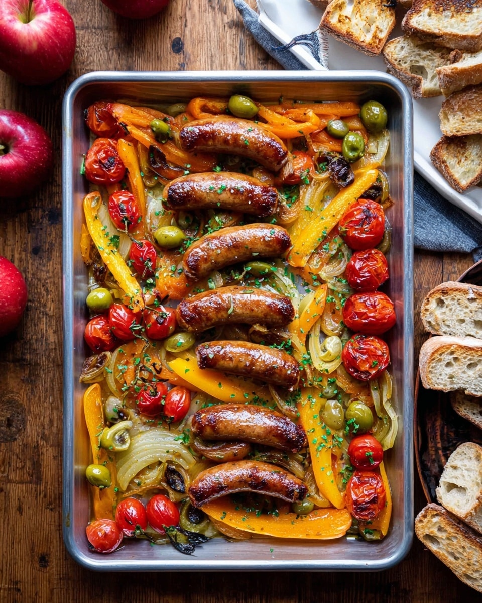 The image shows a close-up of a sheet pan filled with cooked sliced sausage, yellow and orange bell pepper strips, and white onion slices spread evenly. The sausage pieces are round, browned, and mixed throughout the vegetables. The bell peppers are soft with slightly charred edges, showing a vibrant mix of orange and yellow colors. The white onion slices are translucent and curved, scattered among the peppers and sausage. Small green herb leaves are sprinkled on top, adding a fresh touch. The whole dish rests on a baking sheet lined with parchment paper, set on a white marbled surface. photo taken with an iphone --ar 4:5 --v 7