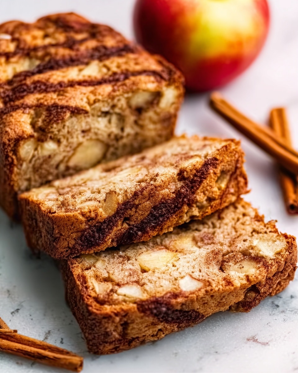 The image shows a sliced loaf of apple cinnamon bread on a wooden board with a red and white checkered cloth in the background. The loaf has a golden brown crust with visible darker cinnamon swirls. The inside of the bread is light brown with chunks of pale white apple pieces spread throughout. There are four slices cut from the loaf, each showing the soft, moist texture with embedded apple bits and cinnamon streaks. A red apple is placed on the upper right side, and a green apple is at the bottom left corner of the wooden board. The overall scene has a cozy, homemade feel. Photo taken with an iphone --ar 4:5 --v 7