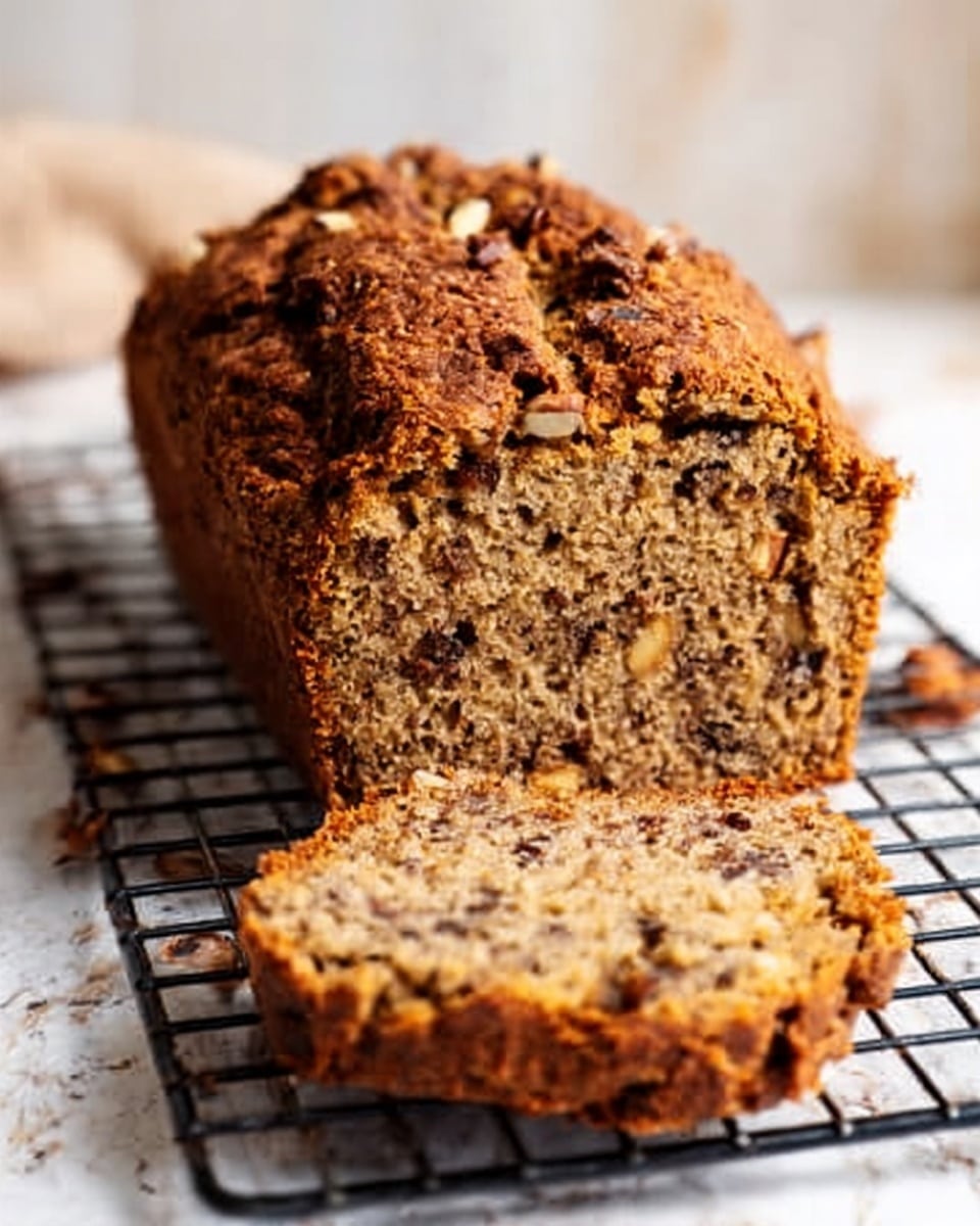 The image shows a loaf of brown bread with a slightly rough, cracked top sprinkled with pecan pieces. Next to it are three thick slices showing a dense texture with visible nuts and dried fruits inside. The bread is placed on white parchment paper on a white marbled surface. There is a knife with some crumbs near the top right corner and a small white bowl filled with pecans to the left. Yellow flowers are on the lower left corner of the scene. Photo taken with an iphone --ar 4:5 --v 7