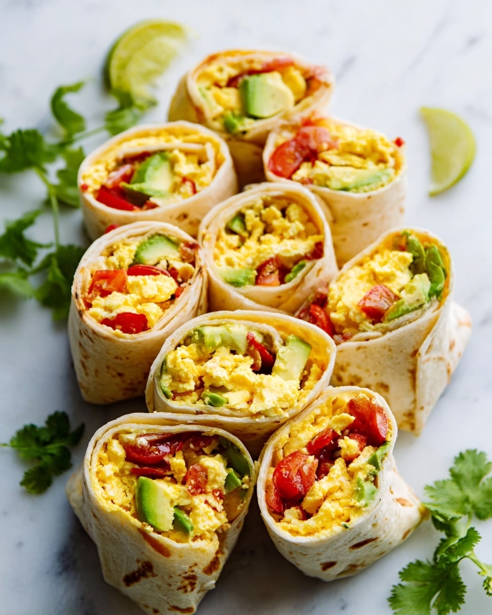 The image shows seven small wraps arranged closely on a white marbled surface. Each wrap is filled with scrambled eggs that are soft and yellow, along with slices of red tomato and small pieces of green avocado inside soft light-colored tortillas. The wraps are positioned so the open ends face upward, showing the colorful filling layers. Around the wraps, there are some green cilantro leaves and a slice of lime partly visible, adding extra color contrast. The entire scene is bright and fresh, photographed with soft natural light, enhancing the vibrant colors and textures. photo taken with an iphone --ar 4:5 --v 7