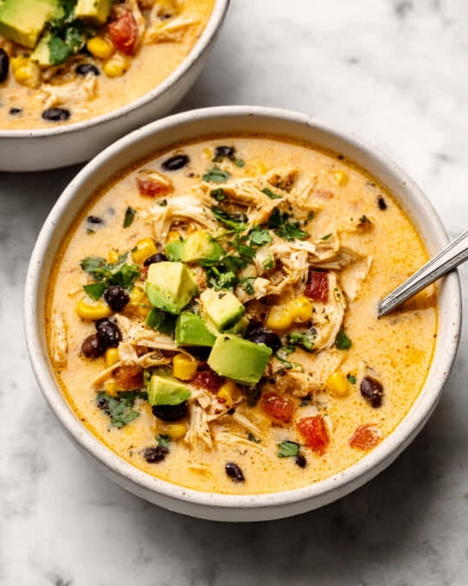 A white bowl filled with creamy yellow soup layered with shredded chicken, black beans, corn kernels, and small green avocado pieces scattered on top. There are bits of red tomato and fresh green herbs mixed in, all resting on a white marbled surface. A silver spoon is inside the bowl, partially visible from the right side. Another similar bowl is slightly shown in the background. Photo taken with an iphone --ar 4:5 --v 7