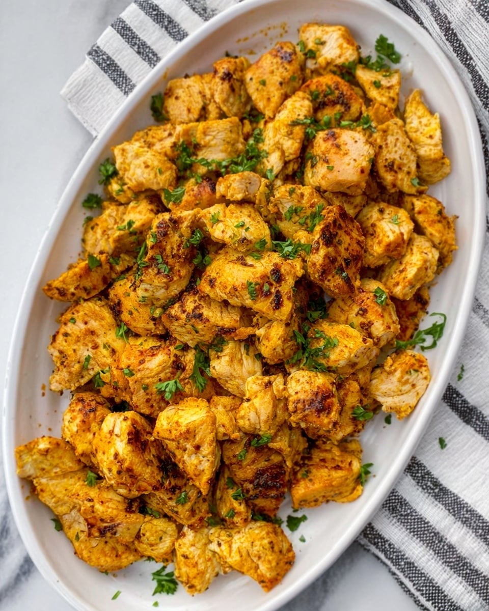 The image shows a white oval dish filled with small pieces of cooked chicken that are light golden brown with a slightly crispy texture. The chicken pieces are seasoned with visible spices, giving them a warm yellow and orange color. Small bunches of green parsley are scattered on top, adding a fresh touch. The dish is placed on a white marbled surface with a striped cloth nearby. The photo taken with an iphone --ar 4:5 --v 7