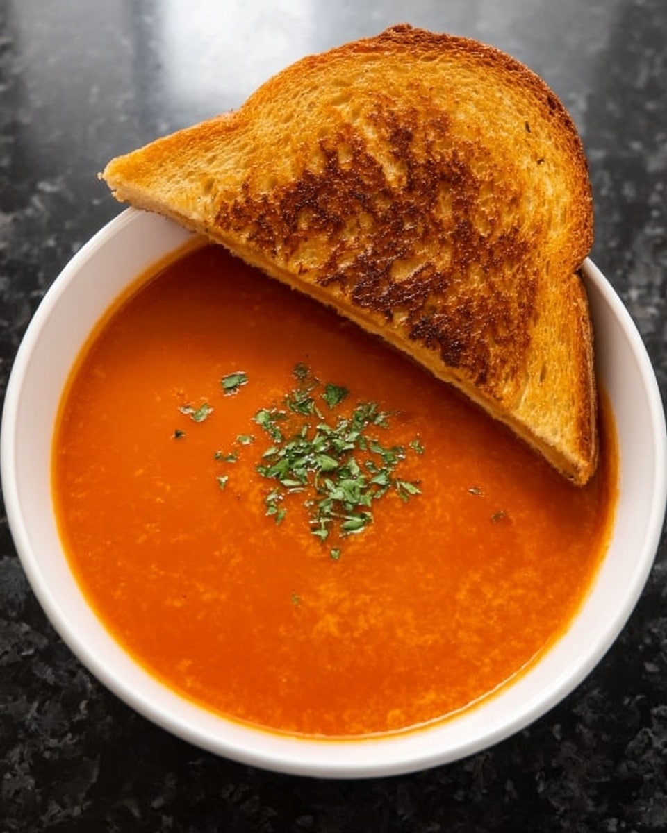 A white bowl filled with smooth, bright orange tomato soup topped with a small sprinkle of green chopped herbs in the center. Resting on the edge of the bowl is a golden brown grilled sandwich with crispy edges, showing the toasted bread texture clearly. The bowl and sandwich sit on a dark countertop, but the surface is changed to a white marbled texture. The photo is taken from above, showing the full bowl and sandwich, with simple, bright lighting. Photo taken with an iphone --ar 4:5 --v 7