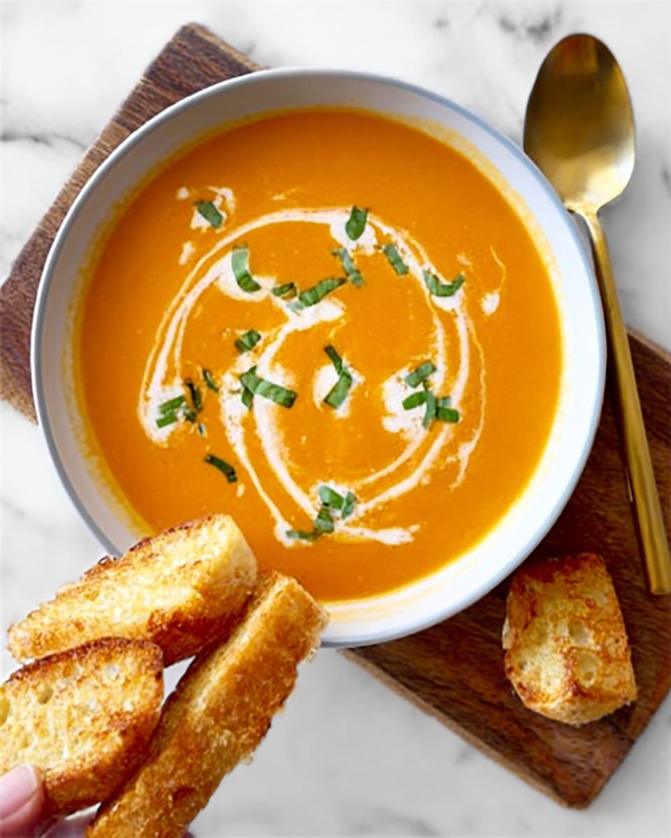 A white bowl filled with smooth orange soup sits on a white marbled surface. The soup is topped with swirls of white cream and small green herb leaves scattered across the top. Next to the bowl, there is a gold spoon resting on the surface. Below the bowl, a woman's hand holds a stack of lightly toasted bread slices with a golden-brown crust. photo taken with an iphone --ar 4:5 --v 7