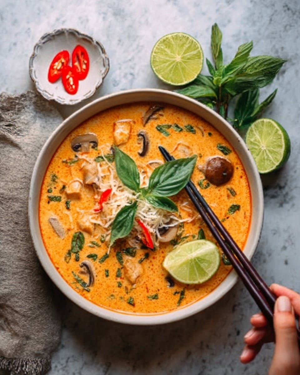 A deep white bowl filled with a bright orange creamy soup rich with mushrooms, herbs, and small pieces of tofu floating on the surface, topped with a sprinkle of shredded cheese and fresh basil leaves. Two dark chopsticks rest inside the bowl on the right side, partially submerged in the soup, with a woman's hand holding one chopstick. A wedge of lime sits on the right edge of the bowl. In the background, a white marbled table holds a small white dish with red chili slices, fresh green basil leaves, and two lime halves, one whole and one partially squeezed. photo taken with an iphone --ar 4:5 --v 7