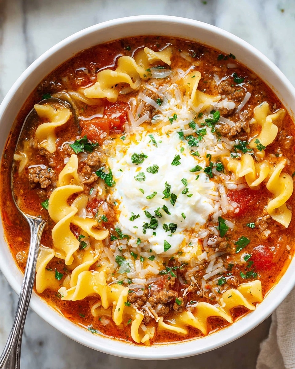 A white bowl filled with a rich, reddish-brown soup that has wavy pasta noodles floating in it. There are two meatballs nestled in the soup, showing a browned texture on top. A dollop of white creamy sauce with a sprinkle of red chili flakes sits on one side of the bowl, and fresh green basil leaves are placed nearby. A silver spoon is resting on the edge of the bowl, with a woman's hand holding it gently from above. The background is a white marbled surface. Photo taken with an iphone --ar 4:5 --v 7