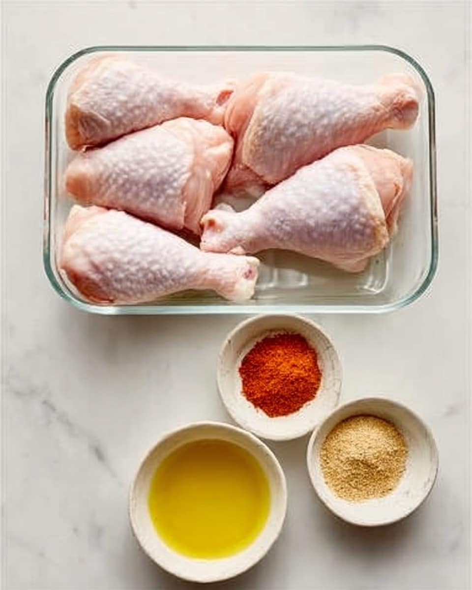 The image shows six raw chicken drumsticks with pale pink skin and white fat, neatly placed in two rows inside a transparent glass baking dish on a white marbled surface. Below the dish, there are two small white bowls; the left bowl contains a golden yellow liquid, while the right bowl holds three separate piles of dry spices that are beige, orange-red, and light brown. The setup is clean and organized, showing all elements clearly with bright and natural lighting. photo taken with an iphone --ar 4:5 --v 7