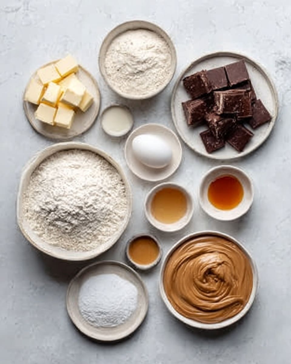 The image shows a white marbled surface with several small white bowls and plates arranged neatly. There is a large bowl in the center filled with white flour, below it a smaller bowl with white powdered sugar, and to the right a small white bowl filled with dark brown chunks of chocolate. Above the flour bowl, there are two white eggs in a small white bowl, alongside small amounts of liquid ingredients in tiny white bowls. To the left of the flour bowl, there are cubes of butter on a small white plate, and a round white bowl filled with a smooth brown substance, likely peanut butter. Every item is spread out in a clean and organized way, showing distinct textures and shades of white, brown, and cream on a white marbled surface. photo taken with an iphone --ar 4:5 --v 7