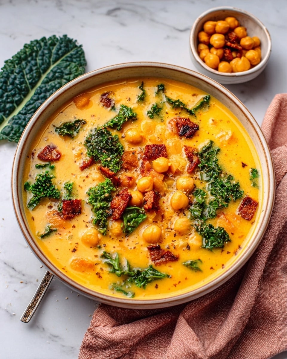 A white bowl filled with a creamy orange-yellow soup that has visible chickpeas and small green kale leaves floating on top. There are small pieces of a browned, crispy food, likely sausage or bacon, scattered throughout the soup. The bowl sits on a white marbled surface with a soft pink cloth napkin beside it and a small white bowl of extra crispy pieces in the background. A dark green leafy kale leaf lies next to the bowl. The textures range from smooth soup to chunky chickpeas and crispy bits. photo taken with an iphone --ar 4:5 --v 7