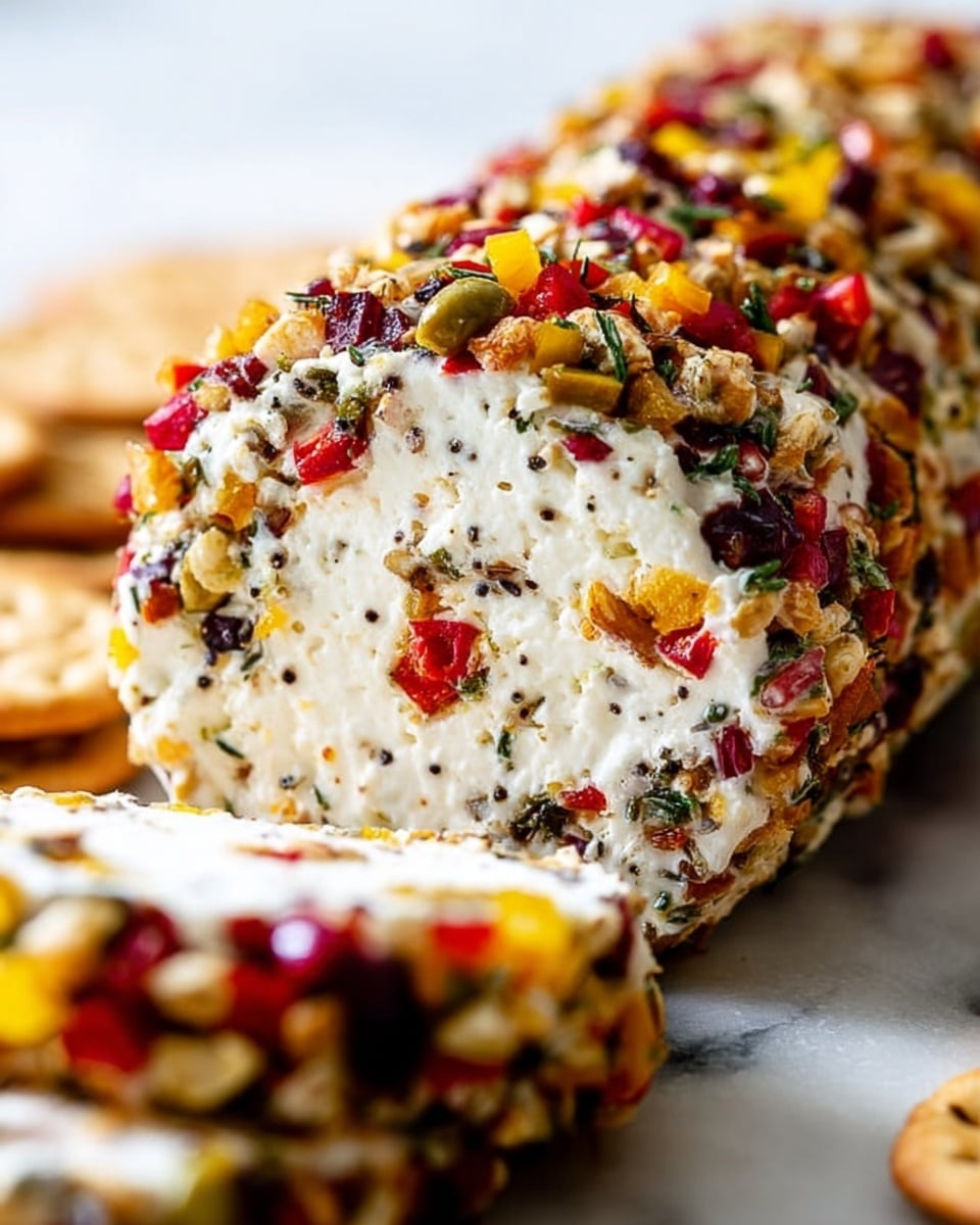 The image shows a white oval plate with a log-shaped cheese spread in the center. The cheese has a creamy off-white inside layer, soft in texture, and surrounded by a thick outer layer full of chopped nuts and dried cranberries that are deep red and brown, giving it a rough, chunky look. The log is placed near two groups of crackers on the plate: round pale yellow crackers on the left and golden brown pretzel-shaped crackers on the right. A small amount of red liquid from the cheese spread is visible on the plate near the log’s end. The background is a white marbled surface. Photo taken with an iphone --ar 4:5 --v 7