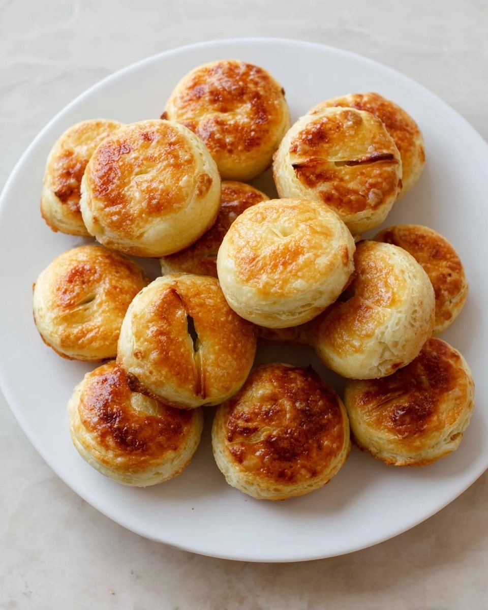 A white plate filled with about fifteen small round pastries. Each pastry has two layers of golden brown, flaky crust with a slight shine, showing a crisp texture. The top layer has a small slit in the center, and the pastries are stacked close together, some slightly overlapping. The background surface is a white marbled texture. photo taken with an iphone --ar 4:5 --v 7