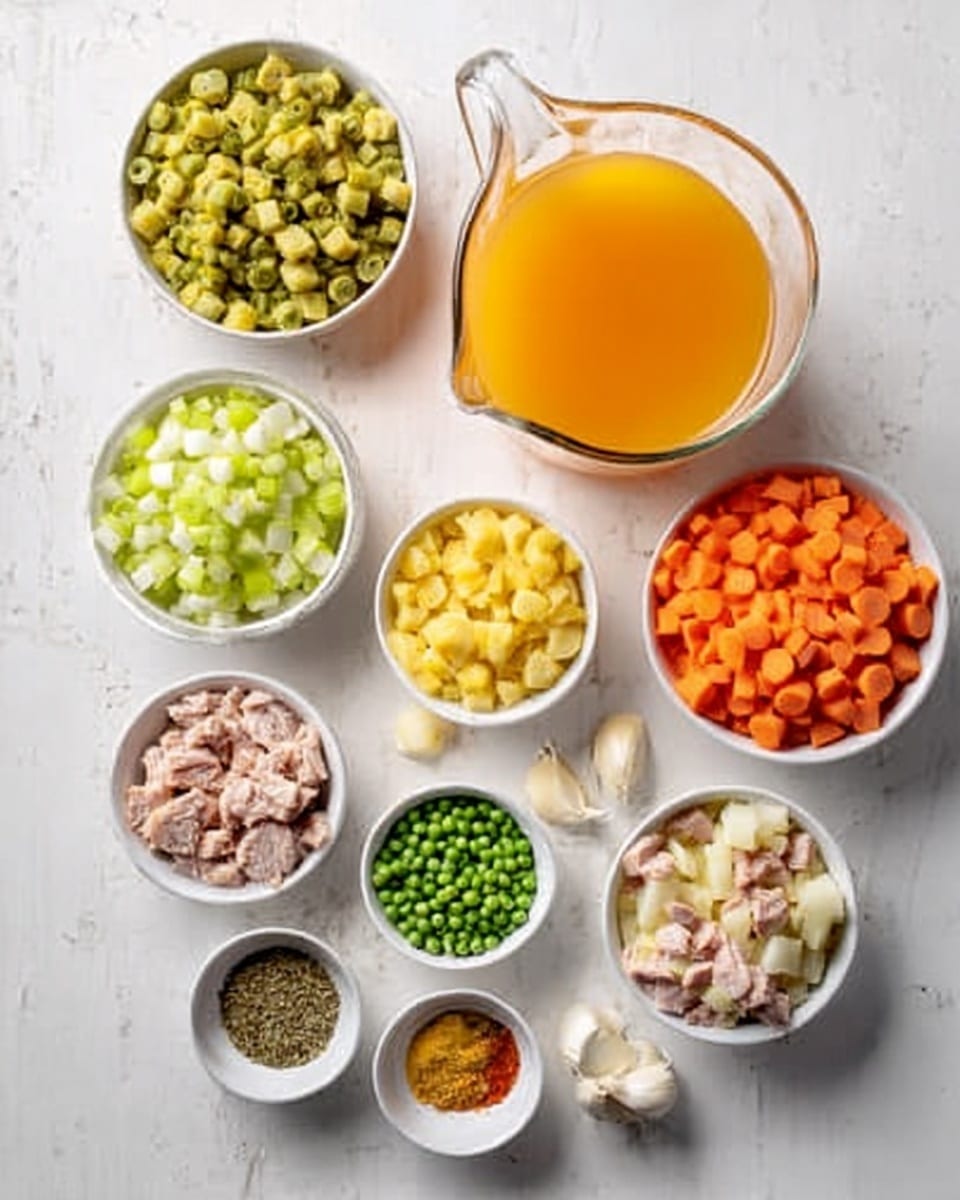 A white marbled surface holds various small white bowls filled with colorful ingredients arranged neatly around a clear glass pitcher filled with orange liquid. The ingredients include chopped green celery, diced yellow potatoes, small white onion pieces, green split peas, bright orange carrot cubes, and small chunks of cooked meat. There are also three small white bowls with different spices and two peeled garlic cloves resting directly on the surface. The overall setup is bright with a clean, organized look. photo taken with an iphone --ar 4:5 --v 7