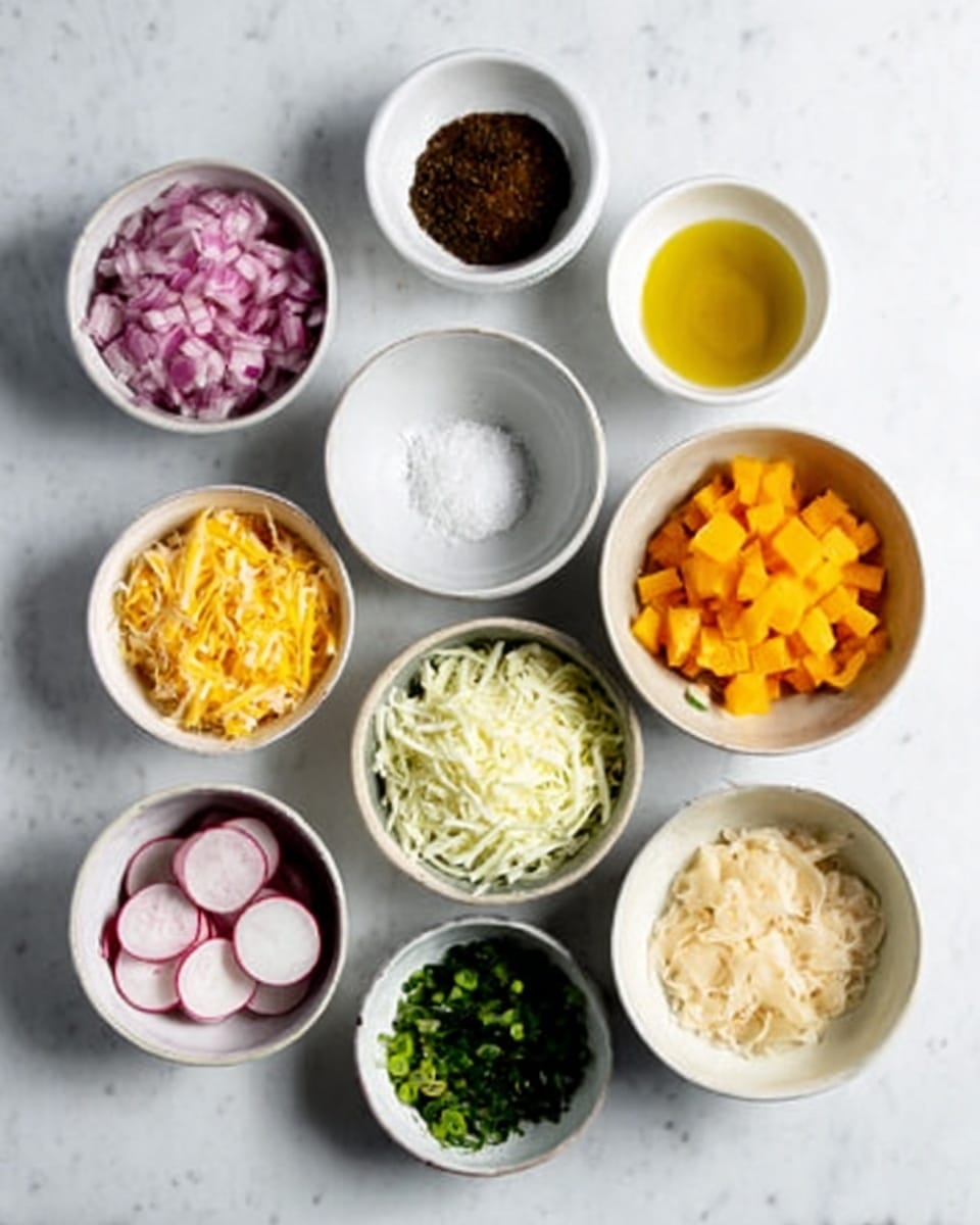 There are eleven white bowls arranged on a white marbled surface. The top row has four bowls: one with finely chopped red onions, one with a dark brown powder, one with a yellow liquid, and one with orange diced pieces. The second row has five bowls: a small one with white salt, a bowl with sliced radishes, a bowl with shredded white cheese, and a bowl with shredded yellow and white cheese mix. The bottom row has three bowls: one with chopped green herbs, one with green sliced pieces, and one with a light beige paste. The lighting is bright and even. Photo taken with an iphone --ar 4:5 --v 7