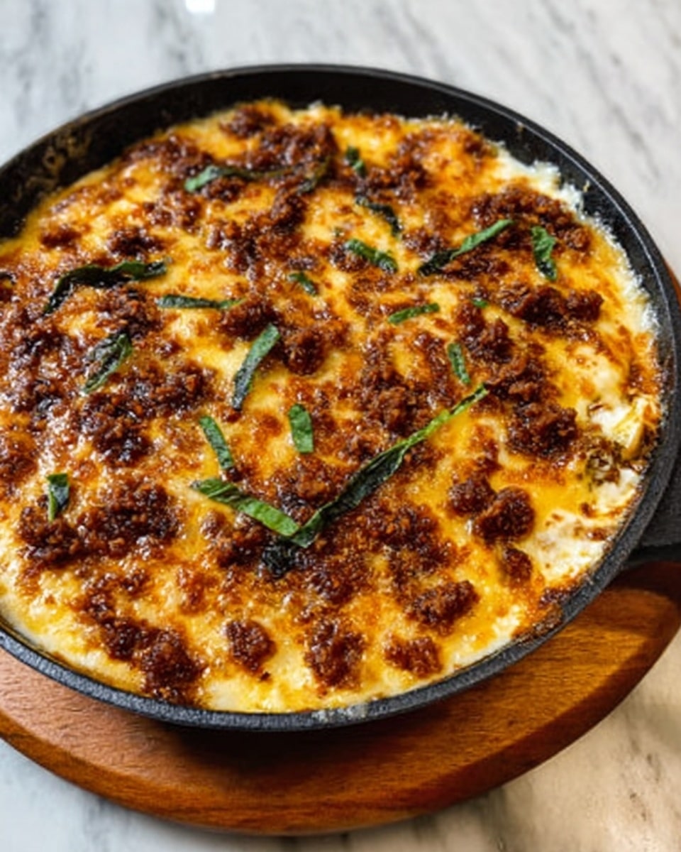 The image shows a black skillet filled with a baked dish that has a golden melted cheese layer on top. Scattered across the cheese are small brown crumbly pieces and bits of green herbs. The skillet sits on a wooden board with a white marbled surface beneath. The cheese looks bubbly and slightly browned, giving a rich and creamy texture, while the brown topping adds a rough, crispy feel. The colors include golden yellow from the cheese, dark brown from the crumbly pieces, and a fresh green from the herbs. Photo taken with an iphone --ar 4:5 --v 7