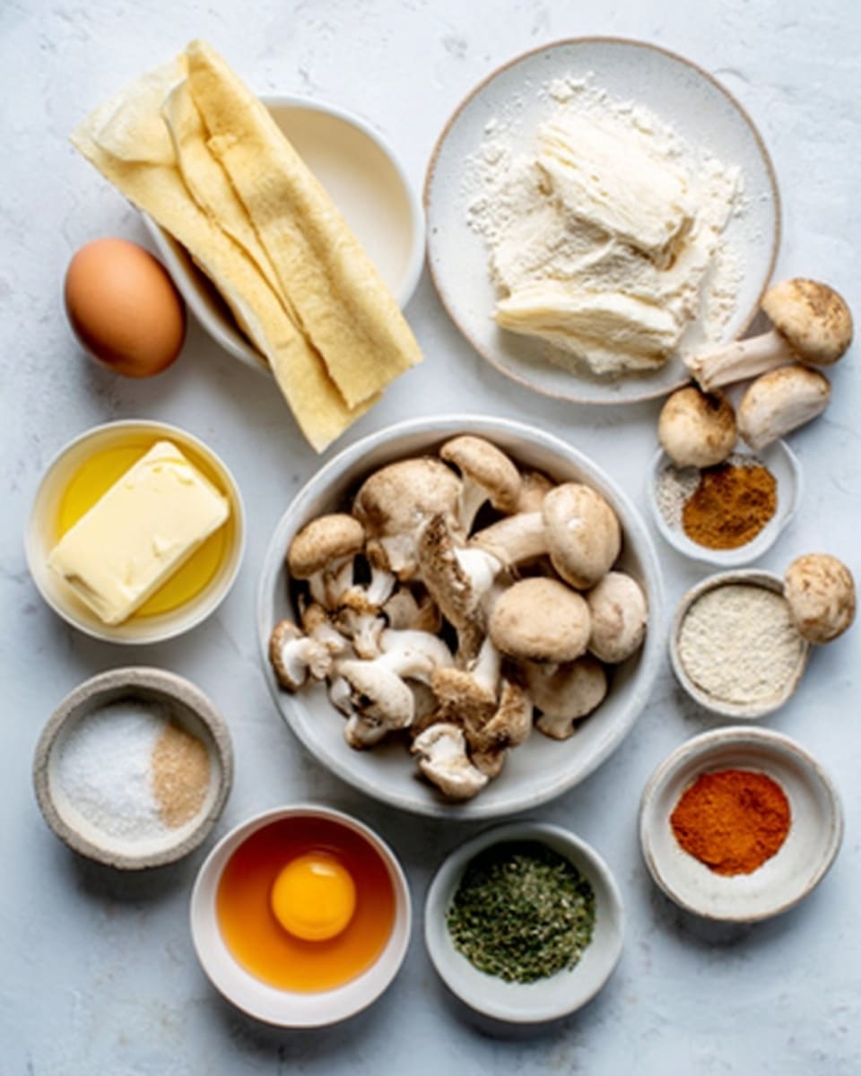 The image shows a white marbled surface with various small white bowls and dishes arranged neatly. In the center, there is a white bowl filled with different types of mushrooms in light brown and beige colors, some smooth and others with textured caps. Surrounding the bowl are small white dishes containing bright yellow butter, a whole egg, coarse salt, a bright orange sauce, and different spices in shades of brown and green. There is a white plate with a folded stack of pale yellow dough sheets on the side. The overall setup is clean with soft natural lighting, emphasizing the fresh ingredients photo taken with an iphone --ar 4:5 --v 7