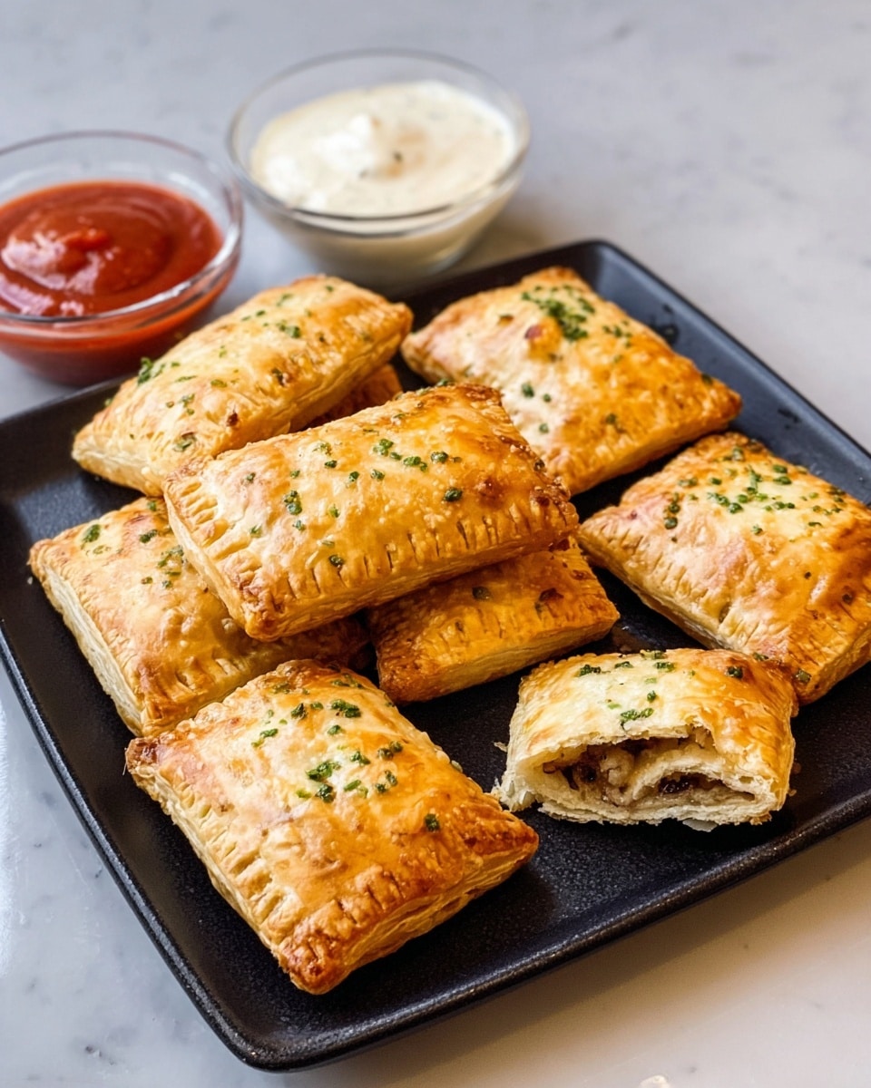 A black square plate holds nine golden brown, rectangular pastries with a lightly flaky texture and small green herbs on top; one pastry is broken open, showing a soft, light brown filling inside. To the top left of the plate are two small round clear glass bowls, one with bright red sauce and the other with a creamy white sauce. The scene is set on a white marbled surface. photo taken with an iphone --ar 4:5 --v 7
