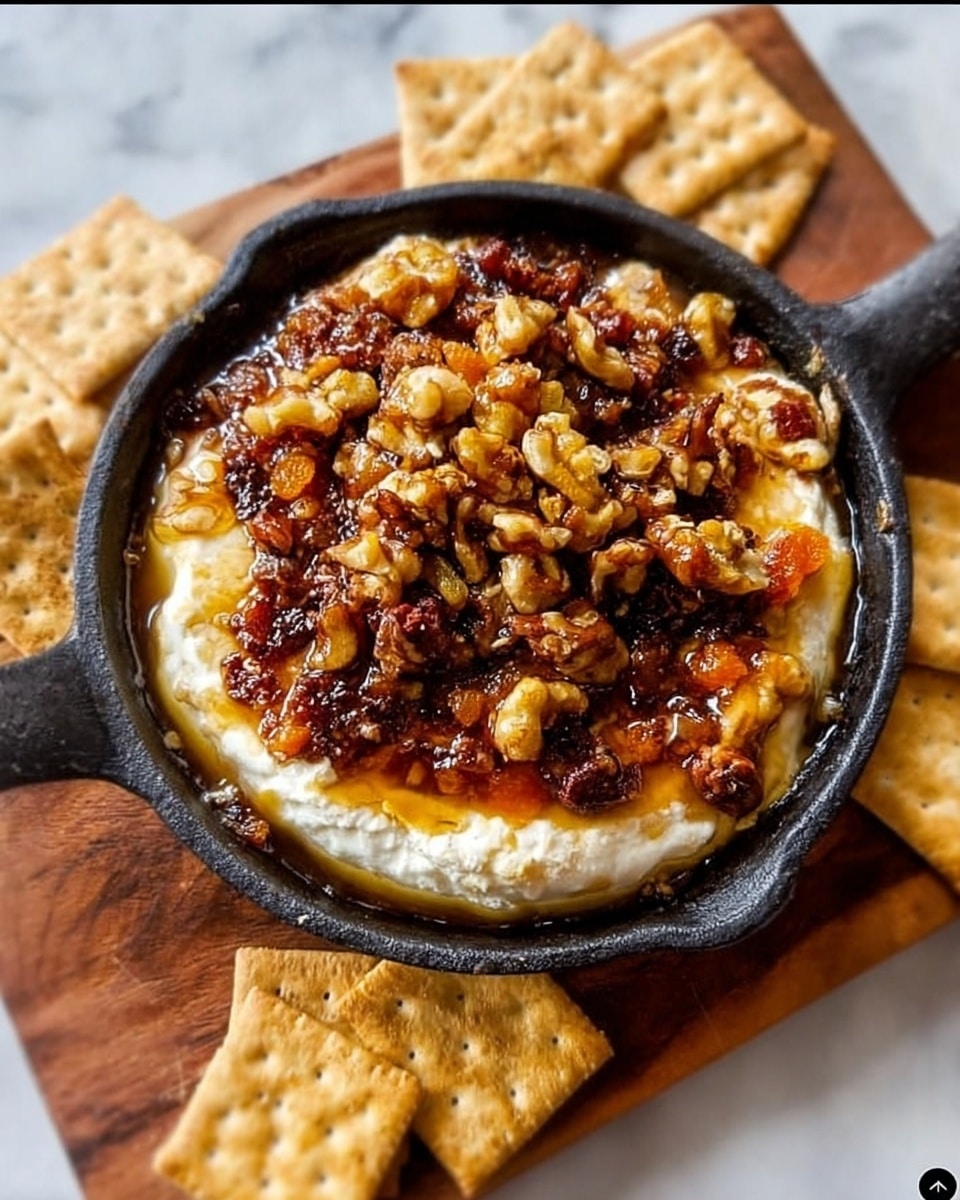 The image shows a round dish with three visible layers in a small black cast iron skillet on a white marbled surface. The bottom layer is creamy white cheese, soft and melted. The middle layer is a golden brown caramel sauce, slightly shiny and sticky. The top layer is a chunky mix of nuts and dried fruit, including walnuts and apricots, adding a rough, textured appearance with shades of brown and orange. The skillet is placed on a wooden board with some square crackers around it. Photo taken with an iphone --ar 4:5 --v 7