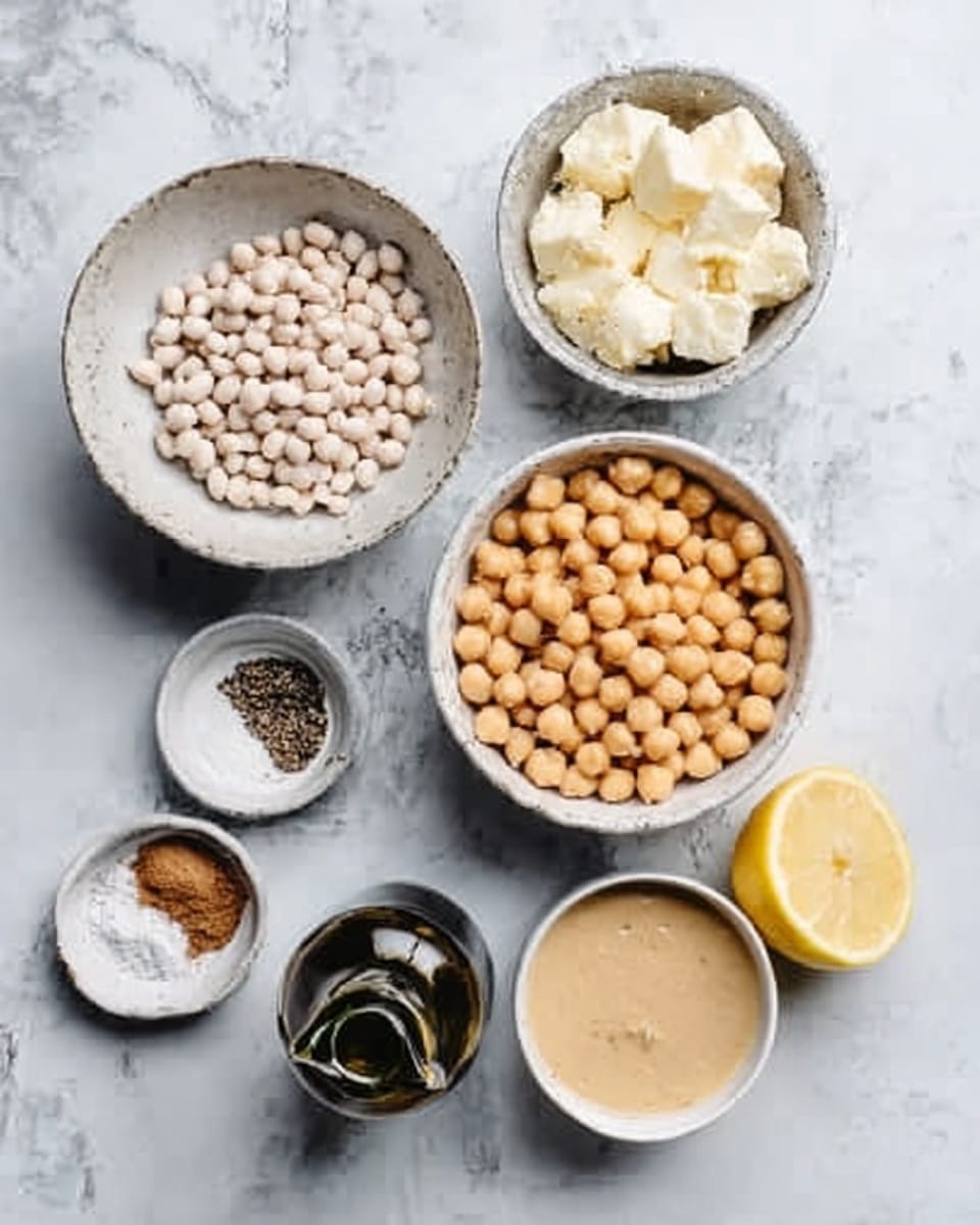 The image shows five white bowls on a white marbled surface. The top left bowl contains small white beans, the top right bowl holds white cheese chunks, and the center bowl has round beige chickpeas. On the left side, a small white bowl contains ground black pepper, white powder, and brown powder spices. At the bottom center, there is a dark bottle with a spout, possibly olive oil. On the right, a white bowl with creamy light brown liquid sits near the lemon half, which is placed directly on the surface. photo taken with an iphone --ar 4:5 --v 7