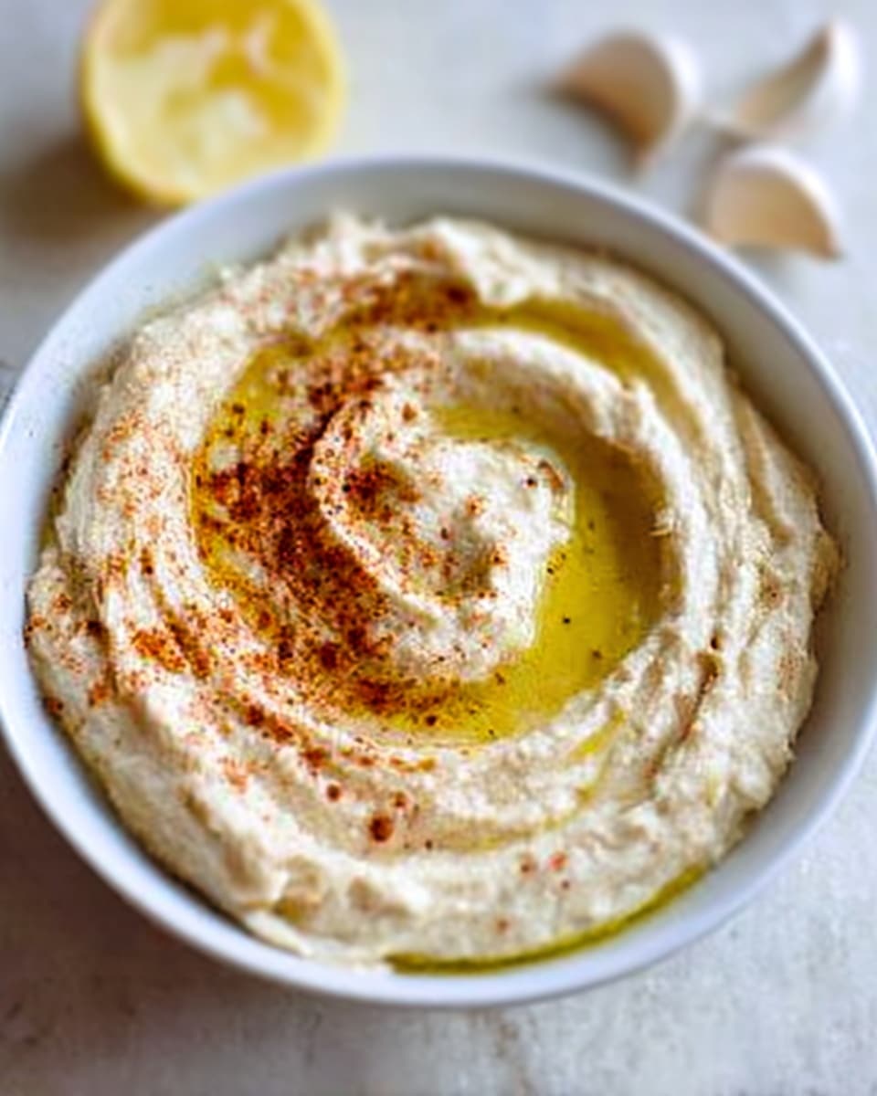 A white bowl filled with creamy hummus that has a smooth, slightly swirled texture on top. The hummus is pale beige with a pool of golden olive oil spread over part of the surface, and a sprinkle of reddish-brown spice, possibly paprika or chili powder, dusted on one side. The bowl is placed on a white marbled surface with a few garlic cloves and a lemon wedge blurred in the background. Photo taken with an iphone --ar 4:5 --v 7