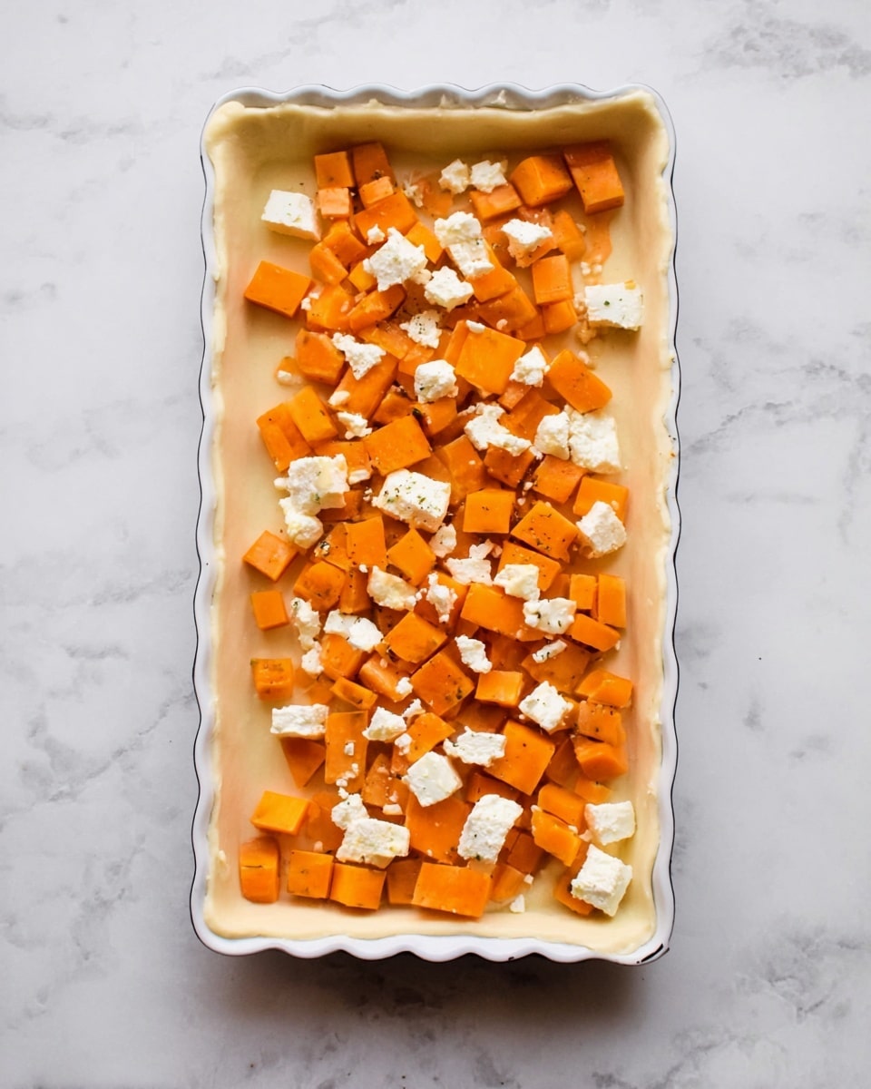 A rectangular white tart pan lined with a thin, pale dough layer fills the whole base and edges. On top, there are small, bright orange cubes of vegetable evenly spread across the dough. Scattered between the orange cubes are irregular small white cheese pieces, creating a mix of rough and smooth textures. The pan rests on a white marbled surface. photo taken with an iphone --ar 4:5 --v 7