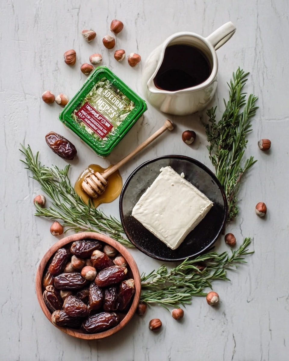 The image shows a white marbled surface with a small green container of Medjool dates at the top center, next to a white pitcher filled with a dark liquid and a small honey dipper resting inside. To the right is a small black bowl holding a large white block of soft cheese. Surrounding these items are scattered hazelnuts and sprigs of fresh green rosemary, with a wooden bowl filled with more hazelnuts positioned near the bottom left. The colors are natural and earthy, with the green from the rosemary adding a fresh touch. Photo taken with an iphone --ar 4:5 --v 7