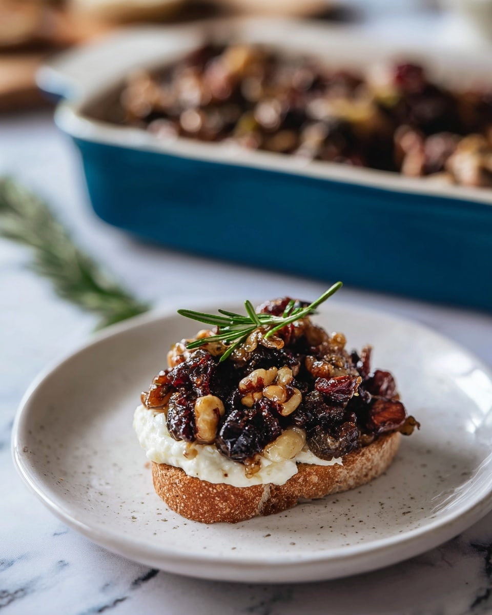 A white plate with a small round piece of toasted bread at the bottom, topped with a layer of white soft cheese. On top of the cheese is a mix of dark brownies, nuts, and dried fruits, showing rough and chunky textures. The dish is finished with a small green sprig of rosemary placed on top for decoration. In the background, there is a blue baking dish filled with the same nut and fruit mixture, sitting on a white marbled surface. Photo taken with an iphone --ar 4:5 --v 7