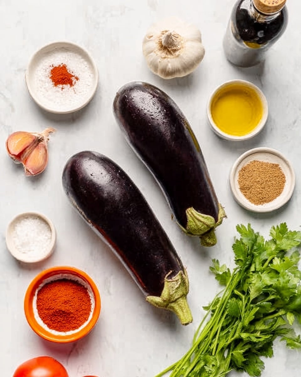 The image shows two whole eggplants placed side by side on a white marbled surface. Around the eggplants are small white bowls containing various ingredients: a bowl with white salt, a bowl with golden oil, and a bowl with a red spice. There is also a small orange bowl with brown spice, a bulb of garlic, a bunch of fresh green parsley, and a few bright red tomatoes partially visible in the top right corner. A dark bottle, likely olive oil, is seen in the top left corner. The scene is clean, bright, and arranged neatly to highlight each ingredient. Photo taken with an iphone --ar 4:5 --v 7