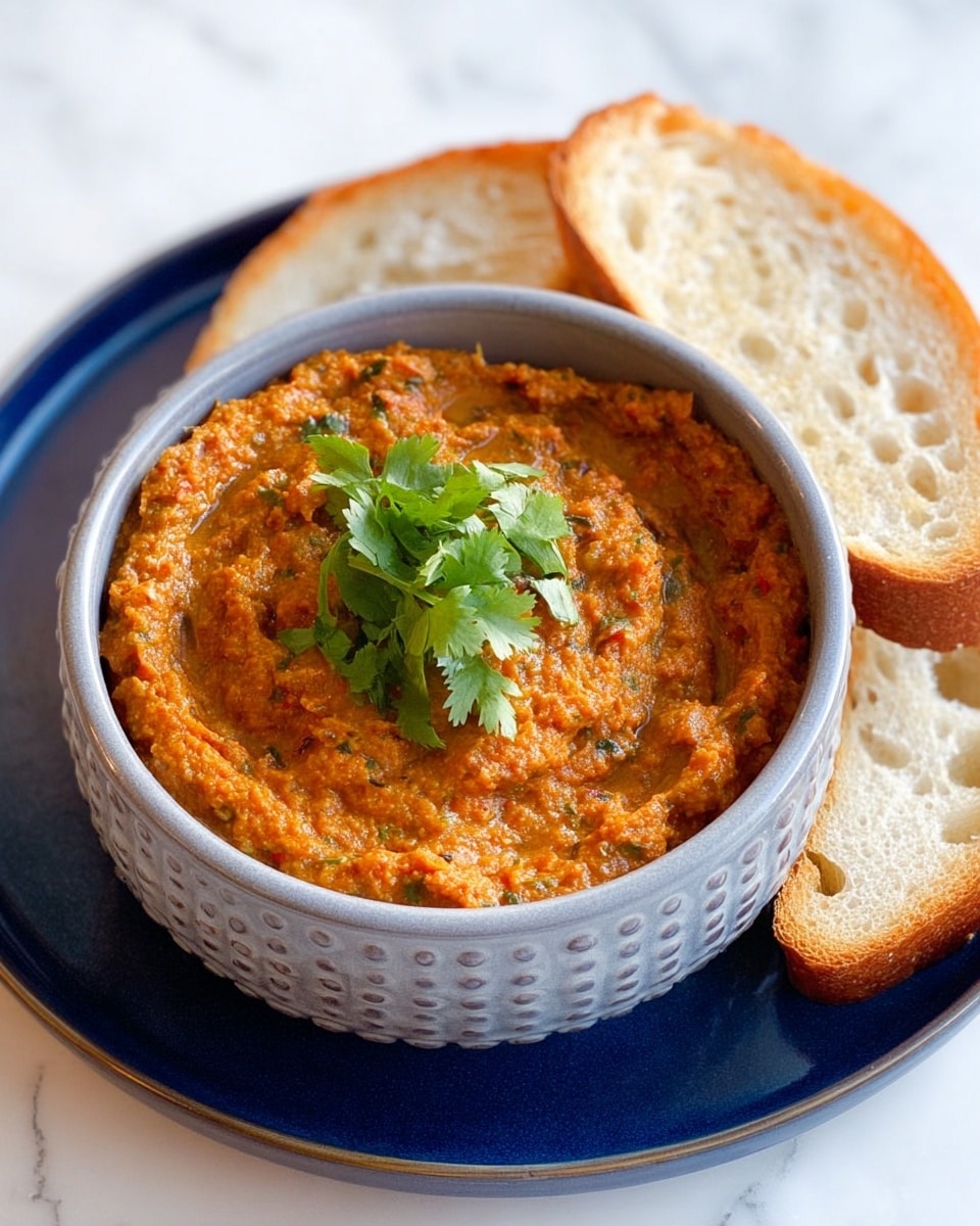A gray bowl filled with a textured, thick orange-brown spread that looks slightly chunky and swirled smoothly on top, garnished with a small bunch of fresh green cilantro leaves in the center. The bowl sits on a dark blue plate, which is placed on a larger white plate with a dimpled edge, all against a white marbled surface. Behind the bowl, two slices of light golden brown toasted bread rest partly on the blue plate, showing a soft, airy crumb. photo taken with an iphone --ar 4:5 --v 7