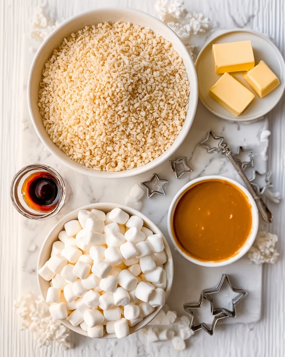 The image shows three white bowls arranged on a white marbled surface. The largest bowl holds a layer of light tan, crumbly rice cereal. Next to it is a smaller white bowl filled with many small, white marshmallows. The third white bowl contains thick, smooth, caramel-colored sauce. Around the bowls, there is a mix of ingredients including four pats of yellow butter on a small white dish, a small glass container with dark brown liquid, and a couple of silver star-shaped cookie cutters. The overall setting is bright and clean, with the ingredients ready to be mixed. Photo taken with an iphone --ar 4:5 --v 7