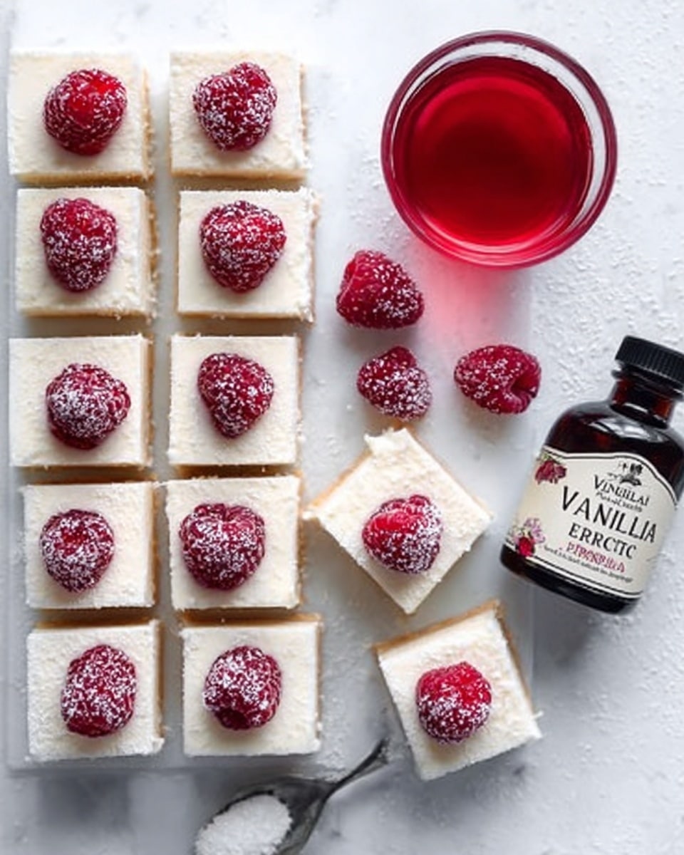 The image shows twelve square pieces of white dessert arranged neatly on a white marbled surface. Each piece has three red raspberries on top, covered lightly with granulated sugar, giving a sparkling effect. To the right of the squares, there is a small glass filled with a bright red liquid and below it a small black bottle labeled