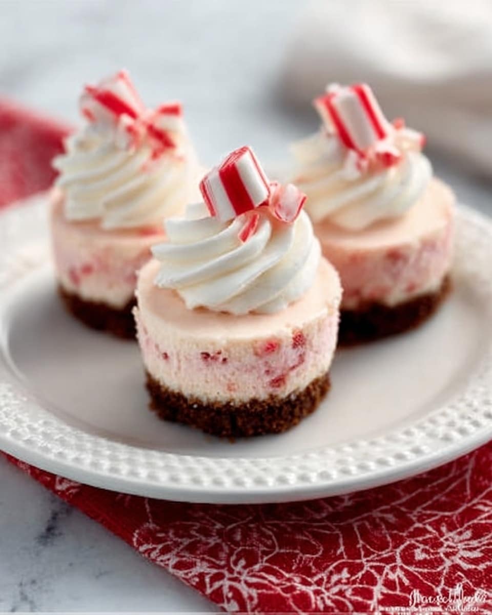 Three small round desserts sit on a white plate with a raised dotted edge, placed on a red cloth with a white pattern. Each dessert has three layers: a dark brown crumbly base, a light pink creamy middle layer with small bits inside, and a white swirled topping that looks like whipped cream. Each dessert is decorated on top with a small piece of red and white striped candy. The background is a white marbled texture. Photo taken with an iphone --ar 4:5 --v 7