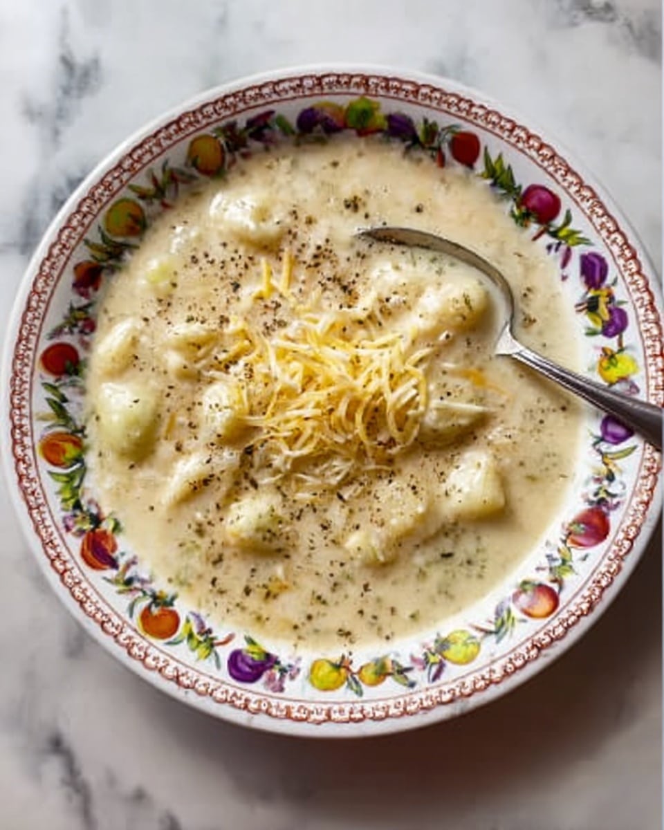 The image shows a white bowl filled with a thick soup-like dish. The dish has many light beige and brown shredded pieces mixed in with small bits of orange. A spoon is placed inside the bowl on the right side. The background and surface are white marbled texture. The texture of the dish looks creamy and slightly chunky. Photo taken with an iphone --ar 4:5 --v 7