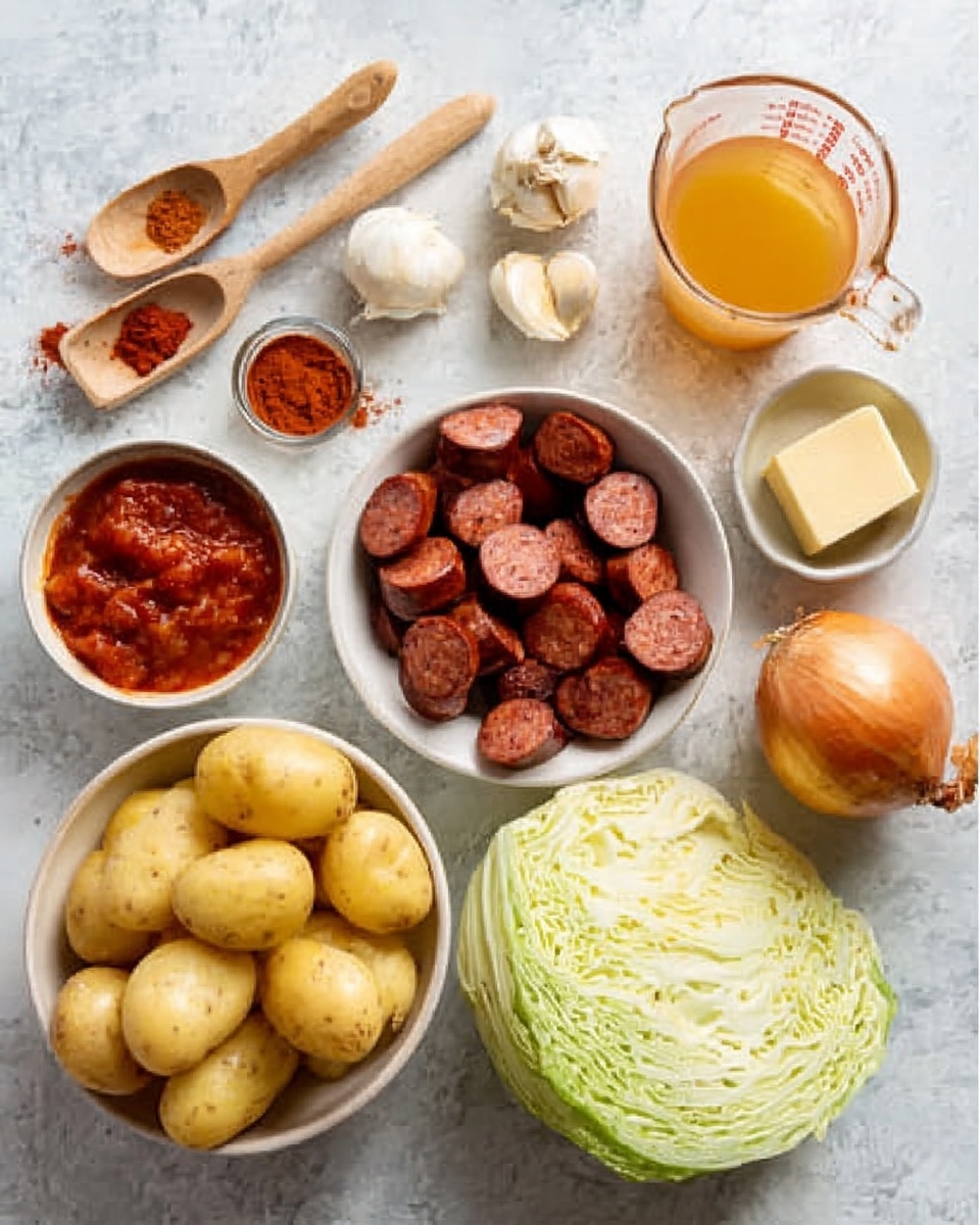 The image shows a white marbled surface with several ingredients arranged neatly. In the center, there is a white bowl filled with chopped sausage slices that are dark brown and reddish in color. Nearby, a bunch of small yellow potatoes fills another white bowl. Whole and peeled garlic cloves, an onion with light brown skin, and a fresh green cabbage head rest on the surface. A measuring cup with a light orange liquid, two wooden spoons holding a reddish powder and red paste, and a cube of butter complete the scene. A bowl with a mix of chunky red tomato sauce sits among the ingredients. Photo taken with an iphone --ar 4:5 --v 7