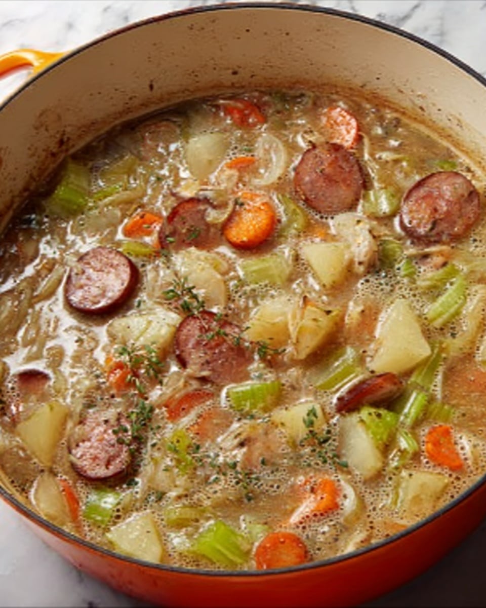 A creamy stew is shown in a white pot with an orange edge. The stew has many layers including sliced sausage in brown circles, bright orange carrots, light green celery, and chunks of potatoes with light yellow skin floating in a thick brown liquid. The surface of the stew bubbles gently with vegetables and meat pieces well mixed. The pot sits on a white marbled surface. photo taken with an iphone --ar 4:5 --v 7