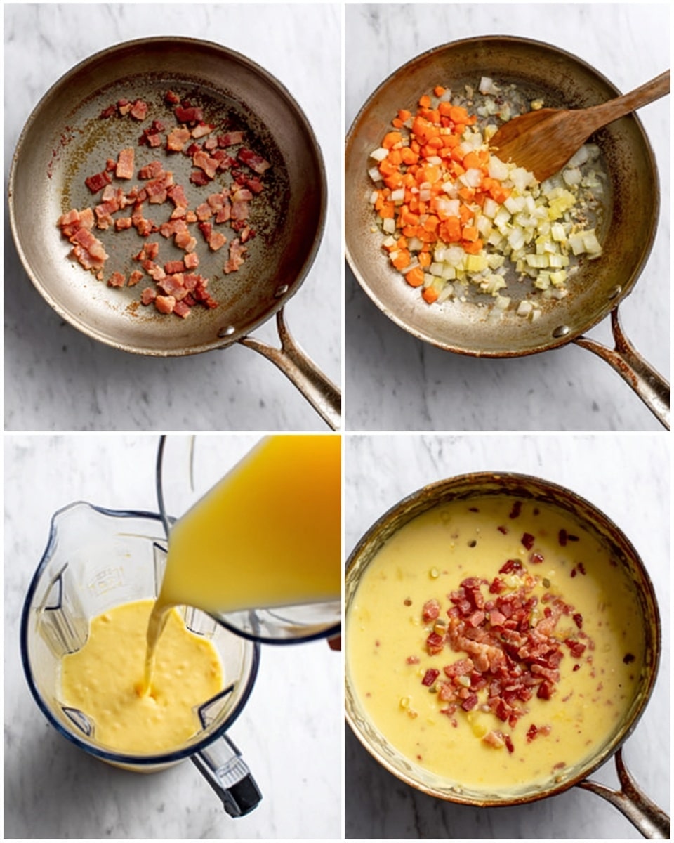 The image shows four small photos arranged in a 2x2 grid, each depicting a cooking stage in a metal pan. The top-left photo has a metal pan with bits of cooked bacon inside on a white marbled surface. The top-right photo shows the pan with butter melting and diced onions and carrots being cooked, with a glass bowl pouring yellow liquid broth into the pan. The bottom-left photo features a blender filled with a creamy yellow soup mixture beside the pan on the white marbled surface. The bottom-right photo displays the creamy soup back in the pan with the diced bacon bits being stirred into it. Photo taken with an iphone --ar 4:5 --v 7