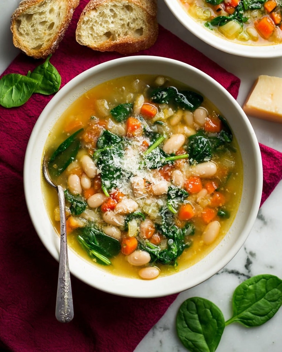 A white bowl filled with vegetable soup sits on a white marbled surface with a dark red cloth under it. The soup has three main layers: a clear, golden broth at the bottom, a mix of white beans and bright orange carrot chunks scattered throughout the middle, and dark green spinach leaves floating on top. Small pieces of celery and onion add texture in between. Grated cheese is lightly sprinkled over the soup's surface, adding a fine white layer. A silver spoon rests in the bowl on the left side. Around the bowl, there are torn pieces of crusty bread with a golden-brown crust and a block of pale yellow cheese on the dark red cloth. Two fresh spinach leaves lie on the white marbled surface near the bowl. Photo taken with an iphone --ar 4:5 --v 7