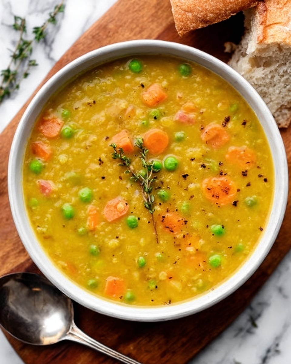 A white bowl filled with thick yellow lentil soup with visible soft chunks of orange carrots and green peas, topped with a small sprig of fresh thyme and sprinkled black pepper on the surface. The bowl sits on a wooden board with a piece of bread and a silver spoon nearby, all set on a white marbled surface. photo taken with an iphone --ar 4:5 --v 7