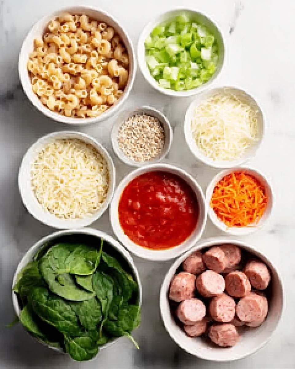 The image shows a white marbled surface with eight white bowls arranged neatly, each containing different ingredients for a meal. Starting from the top left, there is a bowl filled with macaroni pasta, light beige in color, next to it is a bowl with chopped light green celery. Moving right, a small bowl has white shredded cheese, and another one has small brown seeds. Below them, a bowl contains bright red tomato sauce with a smooth texture. At the center bottom, a bowl holds several uncooked pink sausages, each with a textured surface. To the left bottom, fresh green spinach leaves fill a bowl, and beside it is a small bowl with finely chopped orange carrots. The lighting is bright and clean, showing clear details of each ingredient. Photo taken with an iphone --ar 4:5 --v 7