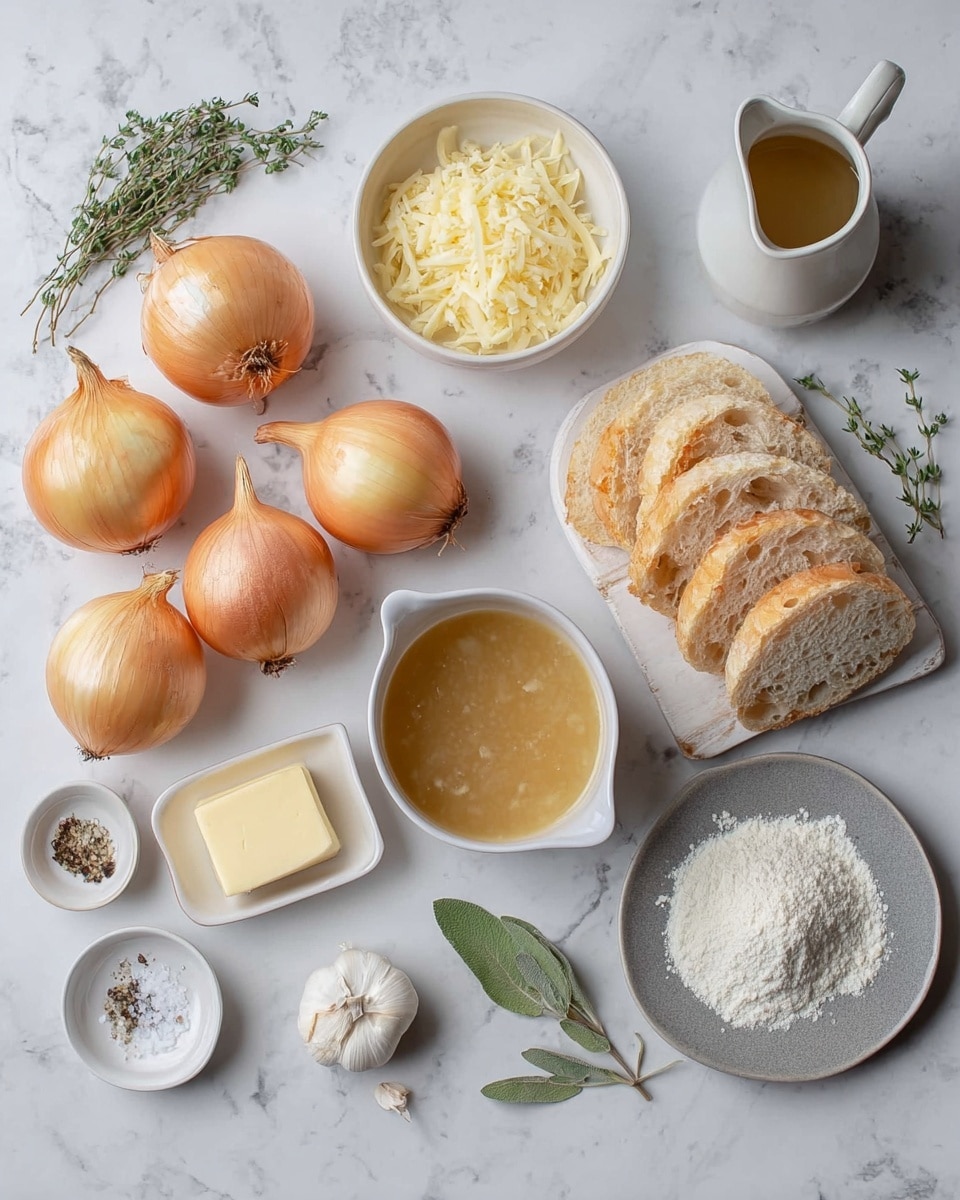 The image shows cooking ingredients laid out on a white marbled surface. In the center, there are seven whole onions with light yellow and brown skins, arranged in a slight curve. To the right, there is a white bowl filled with a light brown liquid. Next to it, thin slices of crusty bread are stacked loosely on the surface. Above the onions, there is a white pitcher holding a pale yellow liquid. To the left, a small white bowl holds shredded light yellow cheese, and beside it on a white rectangular plate, there is a block of pale yellow butter. Below the cheese and butter, two garlic cloves rest on the surface. Near the bottom left, there are two small white bowls, one containing salt and the other black pepper. Bay leaves and sprigs of fresh thyme are also placed near the onions, in between the white bowls and a small gray plate with a pile of white flour. The whole setup is neat and organized for cooking. photo taken with an iphone --ar 4:5 --v 7
