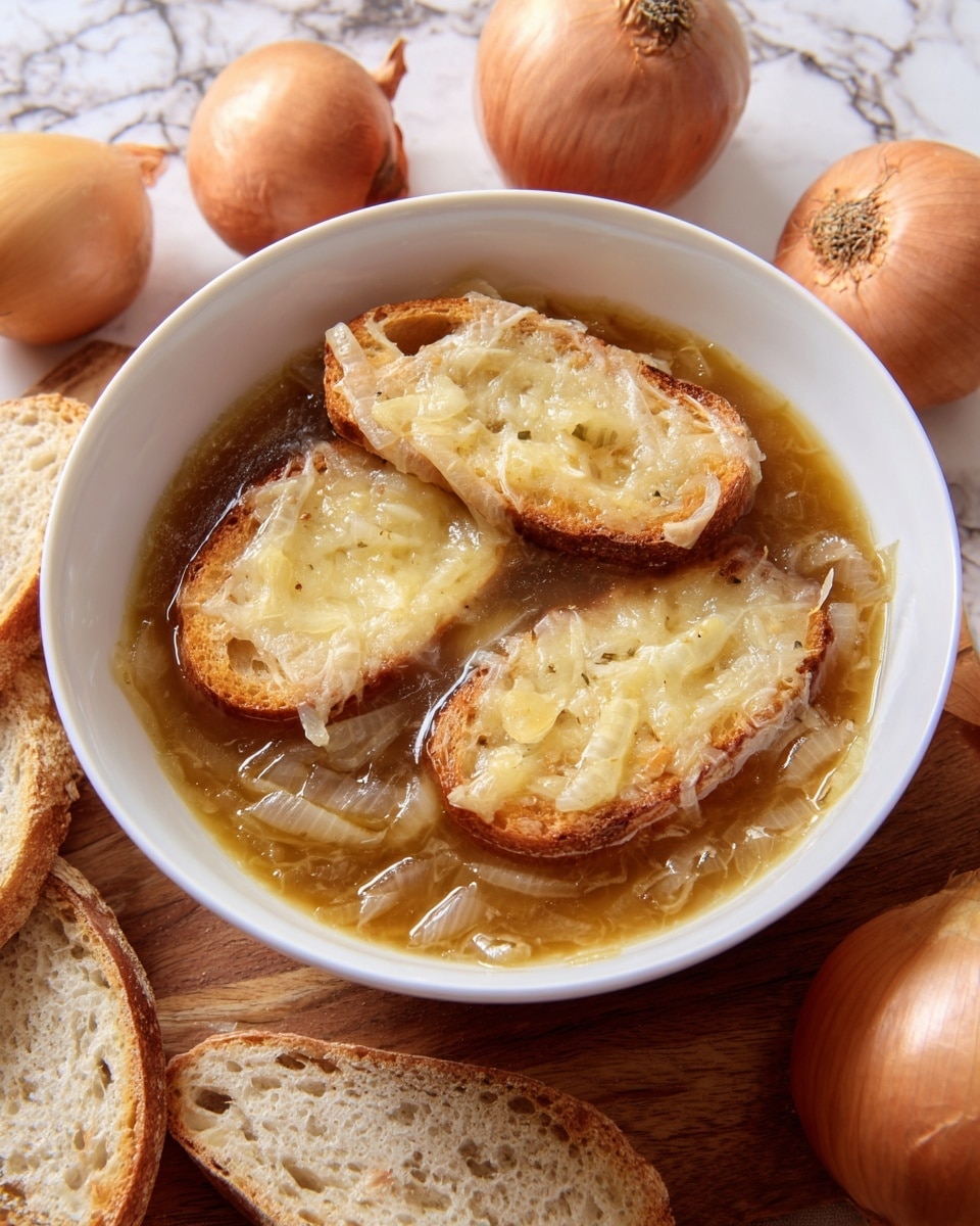 A white bowl filled with clear brown onion soup is shown, with soft, cooked onion slices floating throughout the liquid. On top, three toasted bread slices lay, each covered with melted light yellow cheese that looks slightly bubbly. The bowl sits on a wooden surface surrounded by extra slices of bread and whole onions. The background is a white marbled texture. photo taken with an iphone --ar 4:5 --v 7