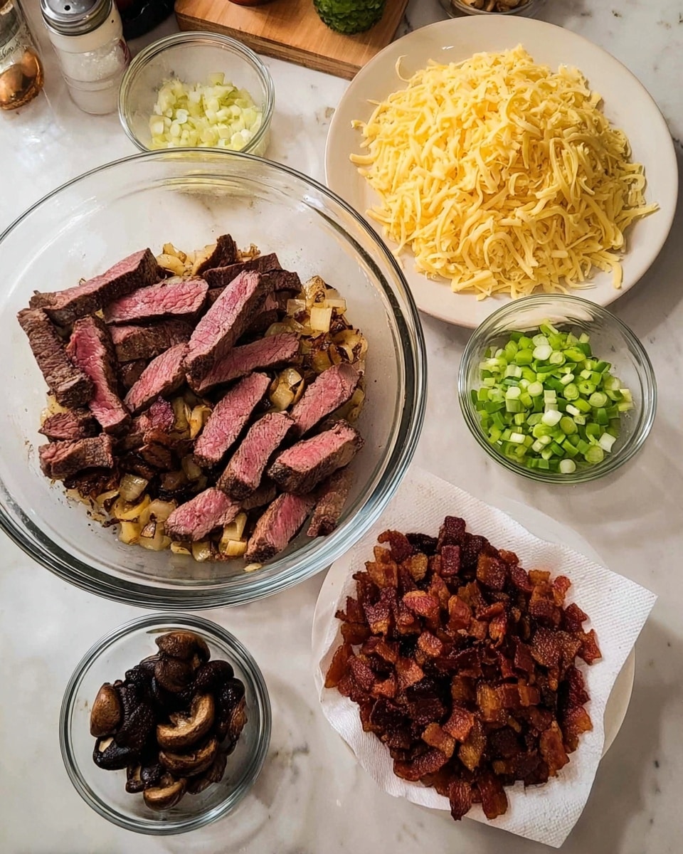 Several bowls and a plate are placed on a white marbled surface, each containing different cooked and chopped ingredients. One large clear glass bowl holds sliced pieces of cooked steak or beef with a pinkish inside and a brown crusty outside. Towards the bottom right, a smaller clear bowl lined with a paper towel contains crispy, browned chopped bacon. At the top right, a white plate is filled with a heap of shredded yellow cheese. Next to it, a small clear bowl contains chopped green onions with light green and white rings. Another small container holds dark cooked garlic or mushrooms with a slightly oily texture. In the background, there is a partial view of kitchen items on the white marbled surface. photo taken with an iphone --ar 4:5 --v 7