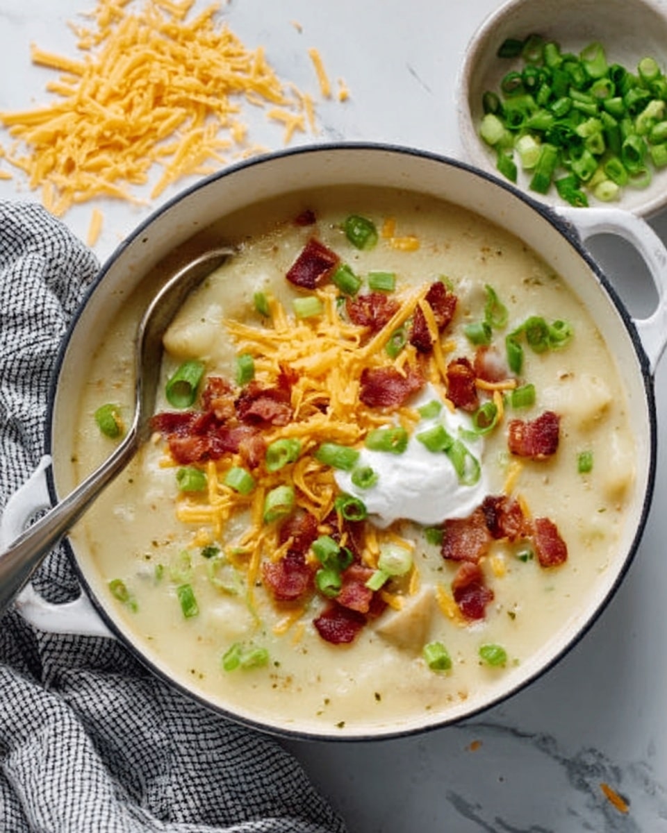 A white pan on a white marbled surface holds creamy soup with a thick texture. The soup has chunks of light beige potatoes mixed inside. It is topped with shredded yellow cheese, small pieces of crispy brown bacon, a dollop of white sour cream, and scattered bright green chopped scallions. A small bowl with more chopped scallions sits to the upper right of the pan. The image has soft natural light and a cozy, inviting feel. Photo taken with an iphone --ar 4:5 --v 7