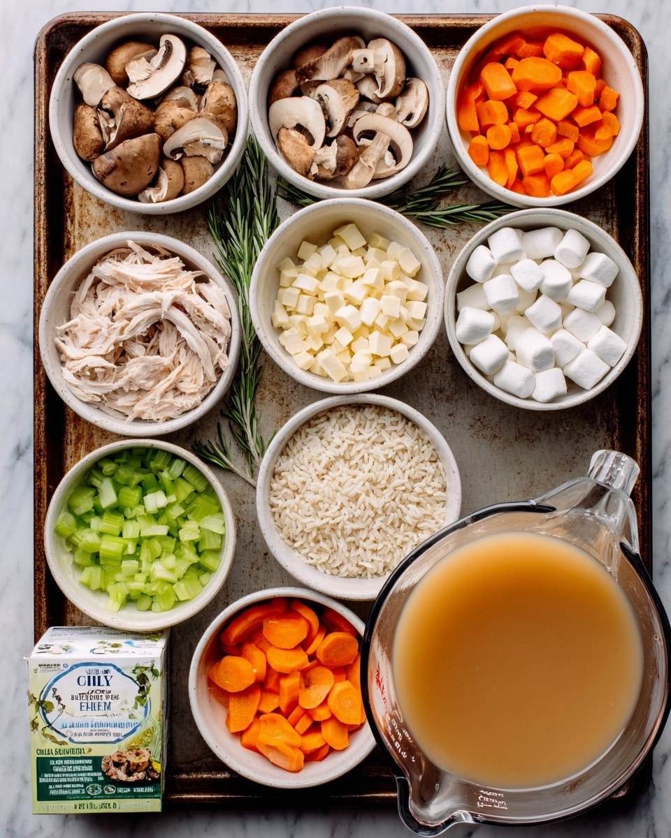 The image shows a baking tray filled with nine small white bowls arranged in a grid, each containing different ingredients: sliced brown mushrooms, rosemary sprigs with garlic cloves, round orange carrot slices, diced green celery, shredded cooked chicken, a mix of wild and white rice, a white powdery flour, cubed white marshmallows, and a small amount of clear liquid in one bowl. Below the tray, there is a large clear measuring cup filled with light brown broth and a carton of half-and-half cream placed on a white marbled surface. The colors range from warm oranges and browns to light greens and whites with clear textures of vegetables, meat, and liquids visible. Photo taken with an iphone --ar 4:5 --v 7