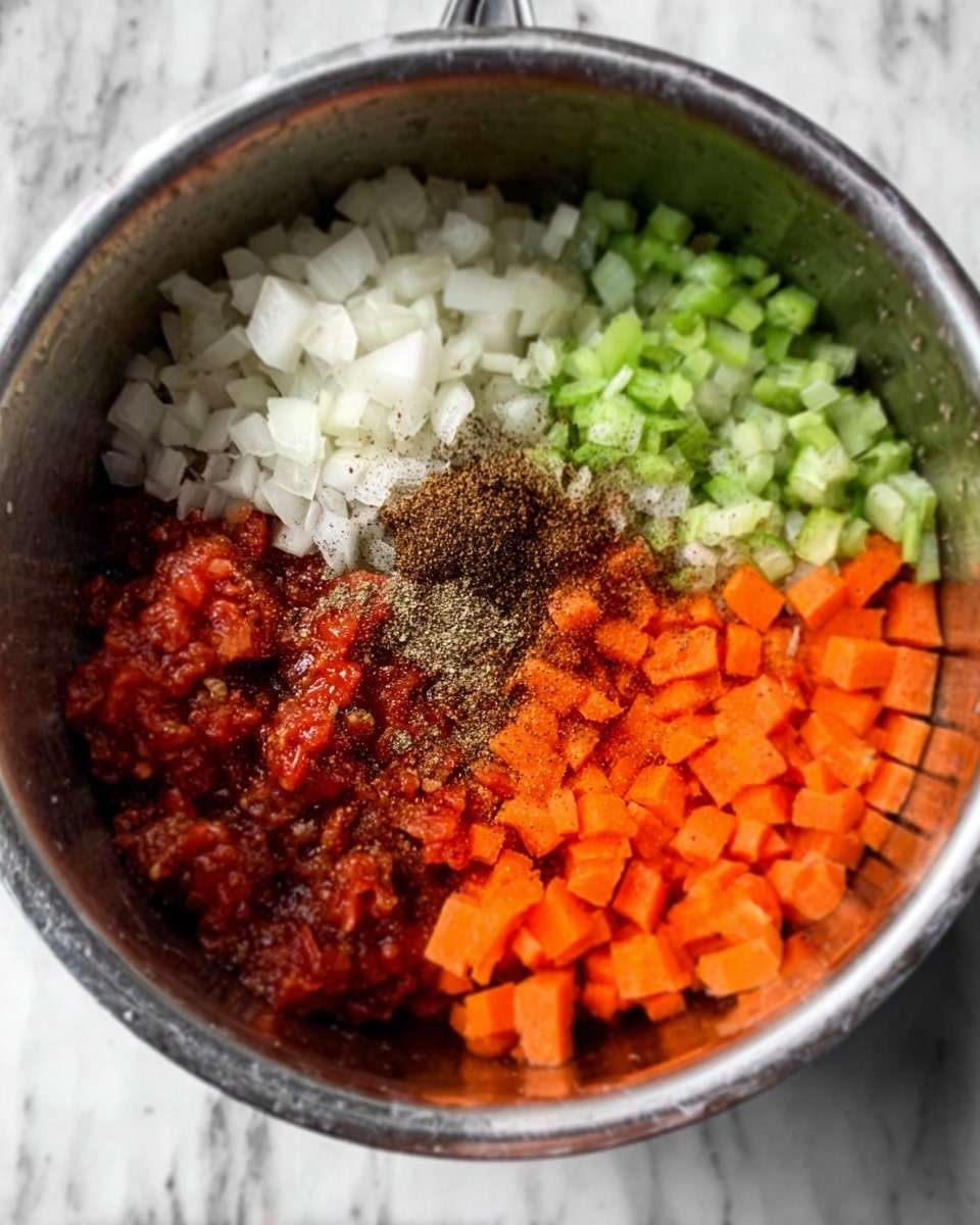 Inside a silver cooking pot on a white marbled surface, there are six groups of ingredients placed without mixing. At the bottom left, finely chopped white onions create a small white cluster. Next to them, bright orange diced carrots are piled neatly in the bottom right section. At the top right, small chopped green celery pieces add a fresh green touch. Above the carrots, deep red crushed tomatoes sit in a thick layer. Dark brown dried spices are sprinkled over the tomatoes, adding texture. The overall look is colorful and organized inside the pot. Photo taken with an iphone --ar 4:5 --v 7