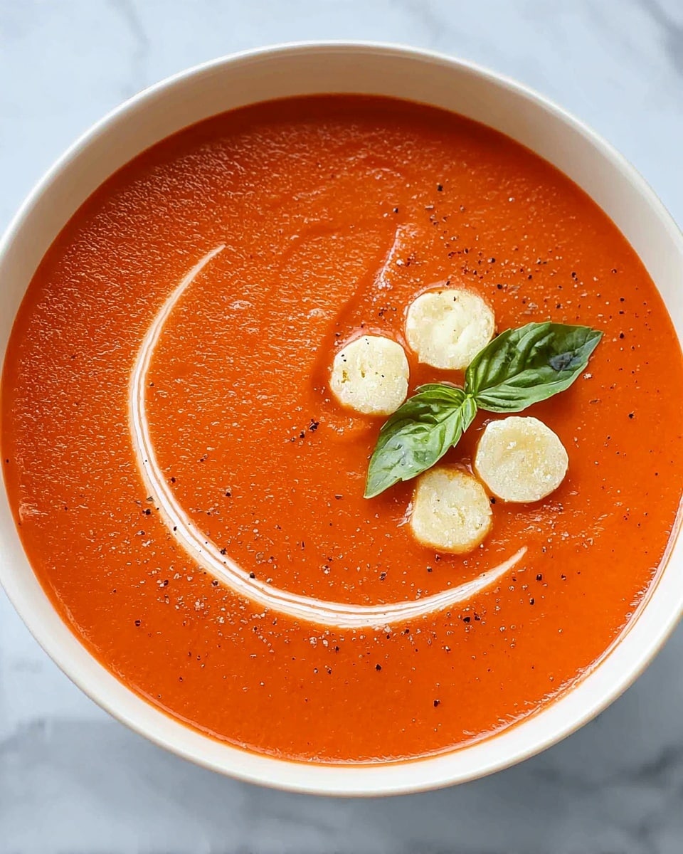 A white bowl sits on a white marbled surface, filled with smooth bright orange-red tomato soup. On top, there is a swirl of light cream that creates a soft, curved pattern in the middle. Six small, round pieces of light beige cheese are clustered on one side of the cream swirl. Next to the cheese, a fresh green basil leaf adds a pop of color. The soup looks thick and creamy with a few small black specks visible in the liquid. Photo taken with an iphone --ar 4:5 --v 7