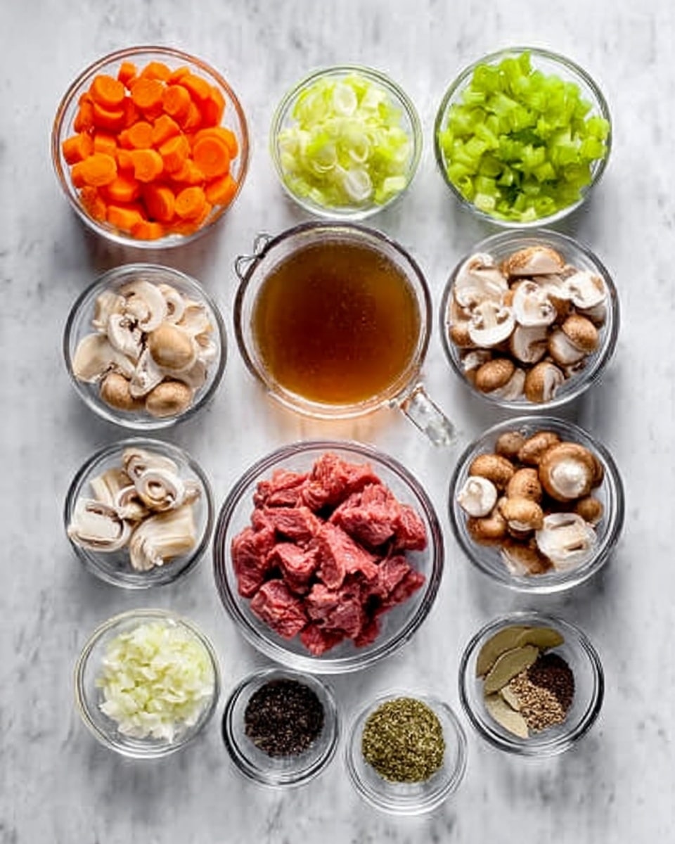 The image shows a top view of various cooking ingredients arranged neatly on a white marbled surface. There are twelve small glass bowls filled with different items: cut carrots in bright orange, pieces of celery in light green, white chopped onions, sliced mushrooms in light brown and cream colors, whole cloves of garlic, coarse black pepper, dried herbs, a brown liquid broth in a clear glass bowl, and more. In the center, a clear glass bowl holds raw red meat chunks. The layout is clean and organized with all bowls and ingredients evenly spaced. The colors of the ingredients contrast well against the bright white marbled background. photo taken with an iphone --ar 4:5 --v 7